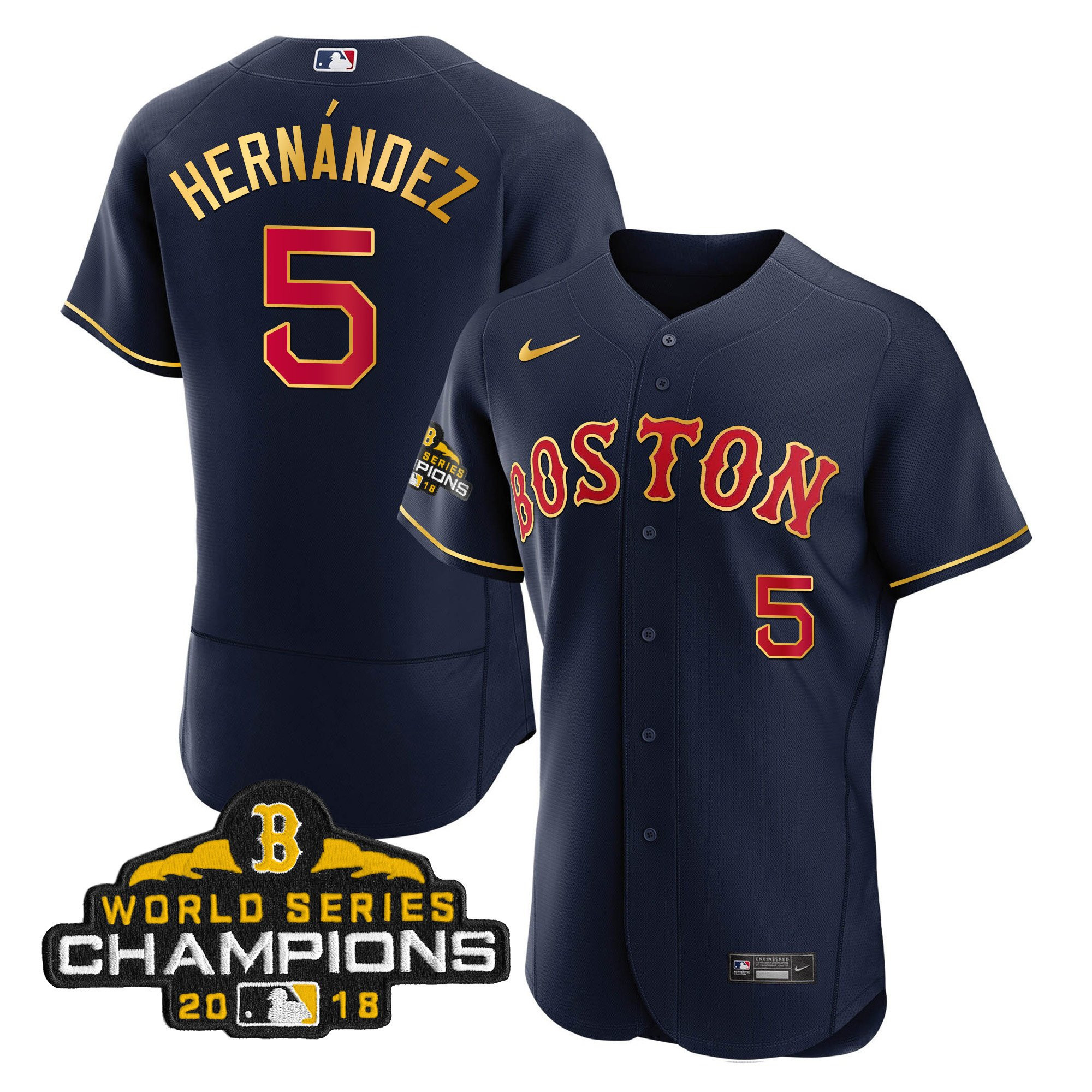 Enrique Hernandez Men Boston Red Sox World Series Champion 2018 Gold Flex Navy Jersey - All Stitched