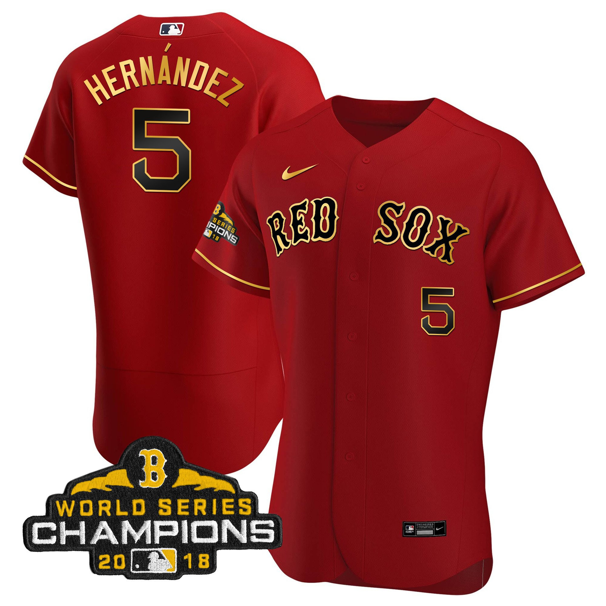 Enrique Hernandez Men Boston Red Sox World Series Champion 2018 Gold Flex Red Jersey - All Stitched