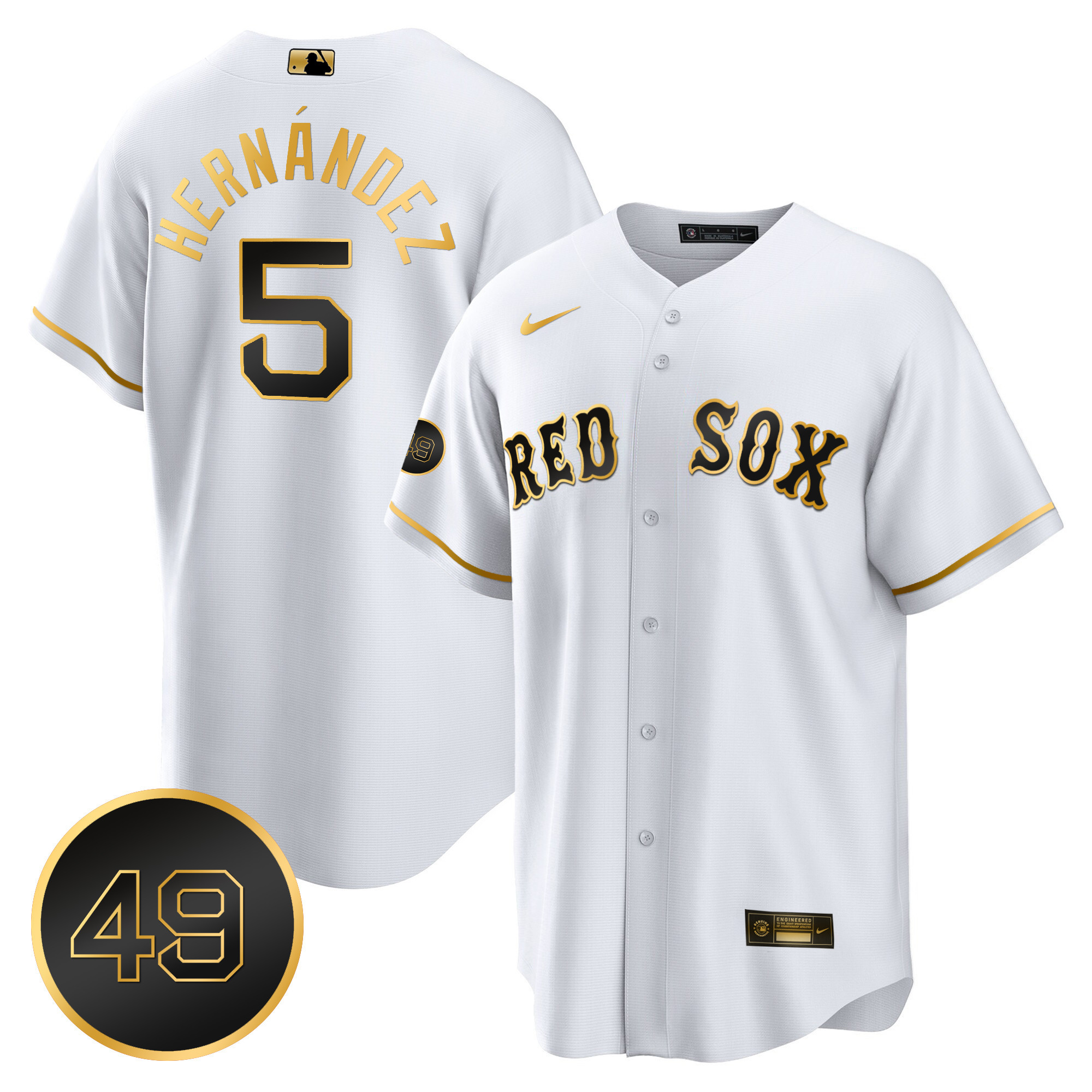 Enrique Hernandez Men's Boston Red Sox #49 Tim Wakefield Patch Cool Base White Gold Jersey - All Stitched