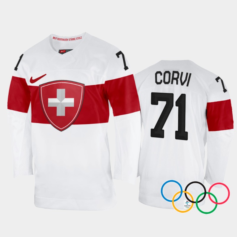 Enzo Corvi Switzerland White Away Jersey 2022 Winter Olympics