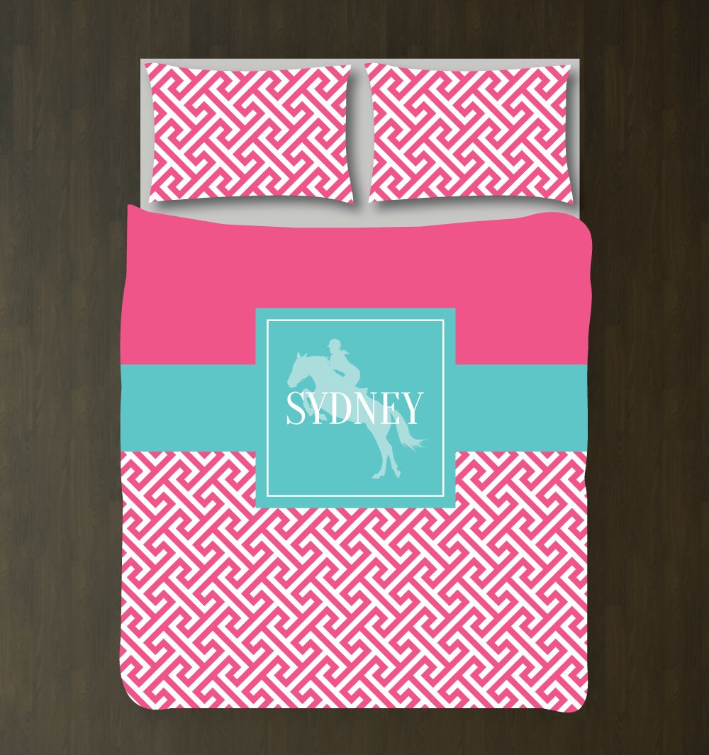 Equestrian With Preppy Cross Pattern Customized Bubble Gum Pink, Pool And White Duvet Cover Bedding Set