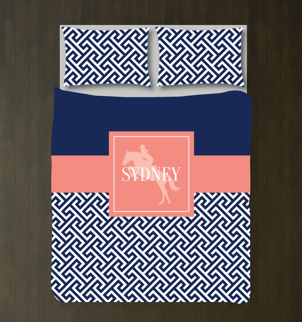 Equestrian With Preppy Cross Pattern Customized Navy Blue, Coral And White Duvet Cover Bedding Set
