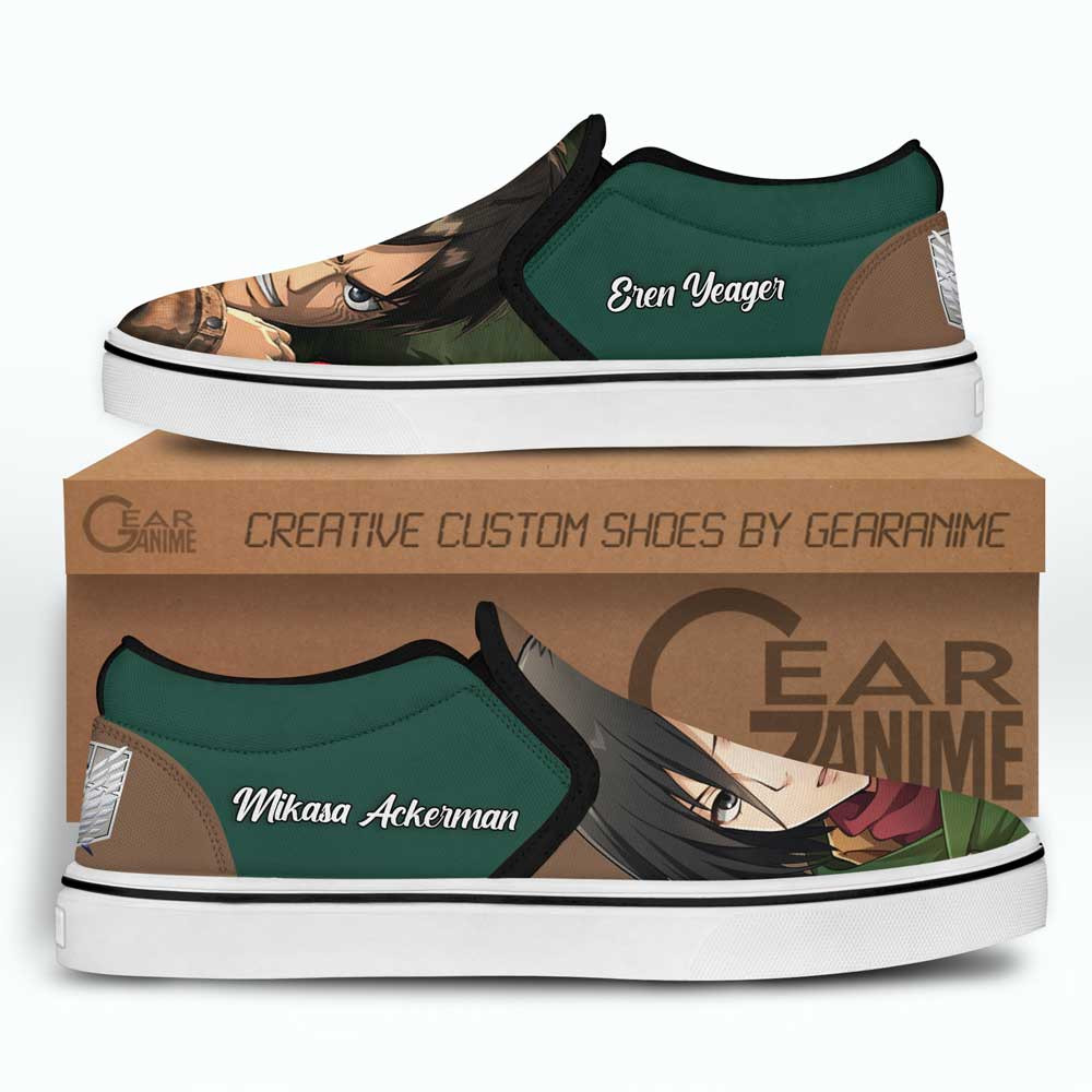 Eren and Mikasa Slip-On Shoes Canvas Custom Anime Attack On Titan Shoes