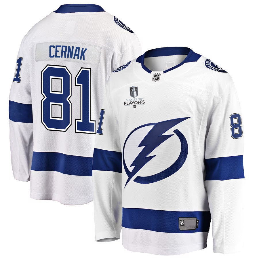 Erik Cernak 81 Tampa Bay Lightning Stanley Cup 2023 Playoffs Patch Away Breakaway Men Stitched Jersey – White
