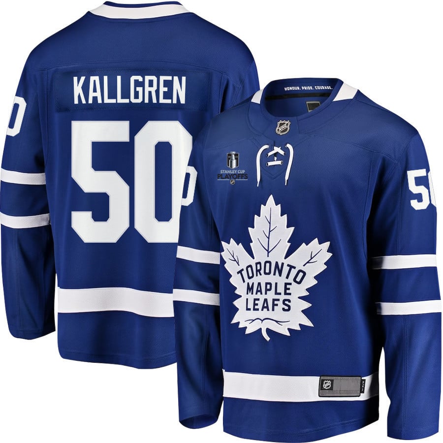 Erik Kallgren 50 Toronto Maple Leafs Stanley Cup 2023 Playoffs Patch Home Breakaway Men Stitched Jersey – Blue