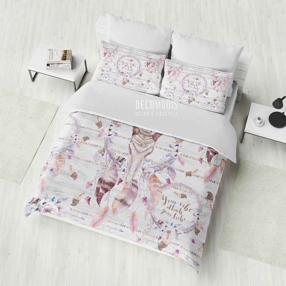 Ethno , Bohemian Sacred Deer Skull , Shabby Chic , Boho Totem Art Duvet Cover Bedding Set