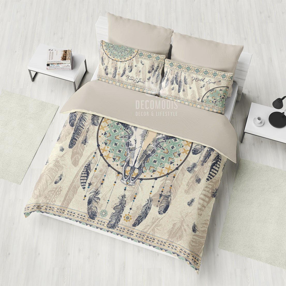 Ethno Buffalo Skull , Bohemian , Shabby Chic , Boho Totem Art Duvet Cover Bedding Set