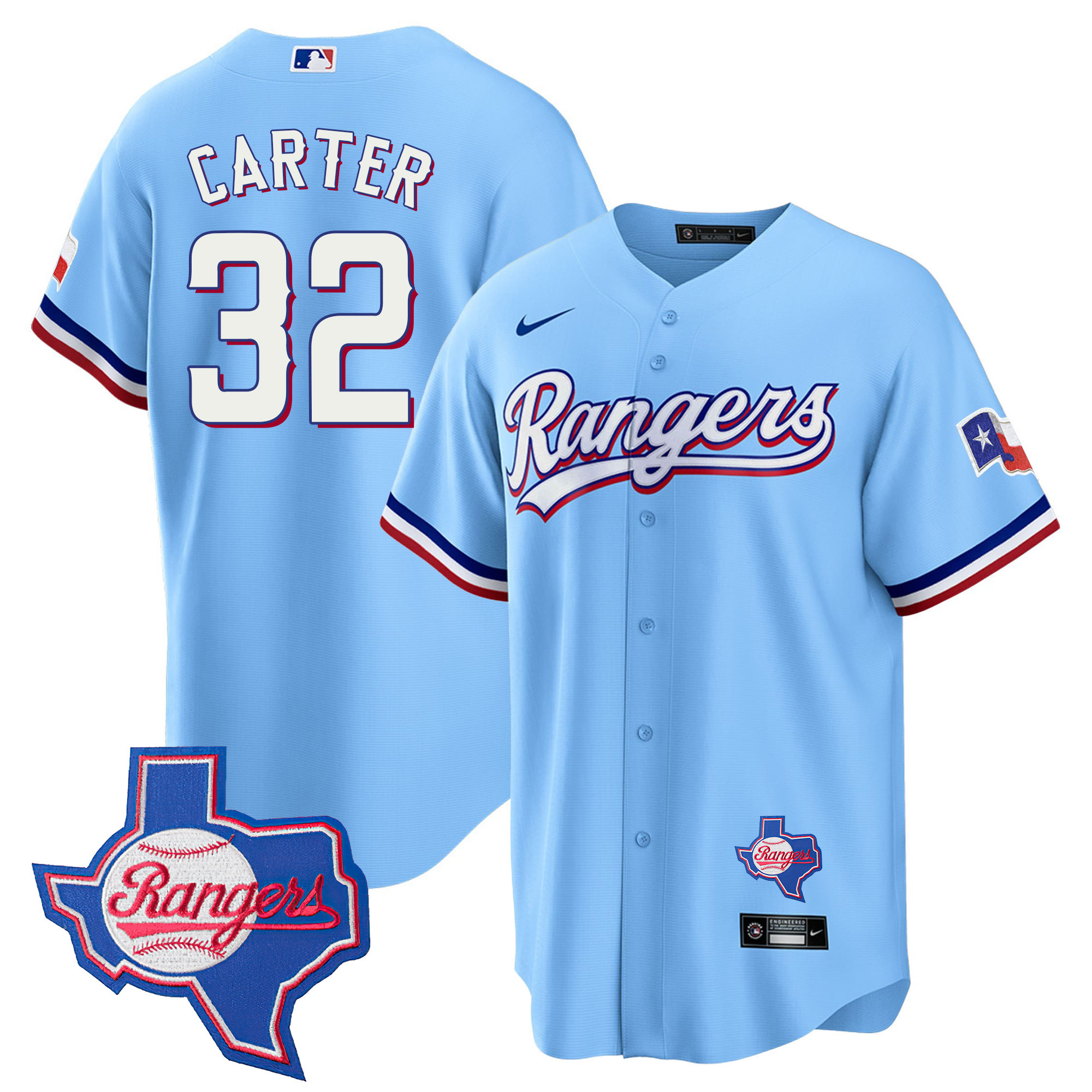 Evan Carter Men's Texas Rangers 2023 Cool Base - Texas Patch Blue Jersey - All Stitched