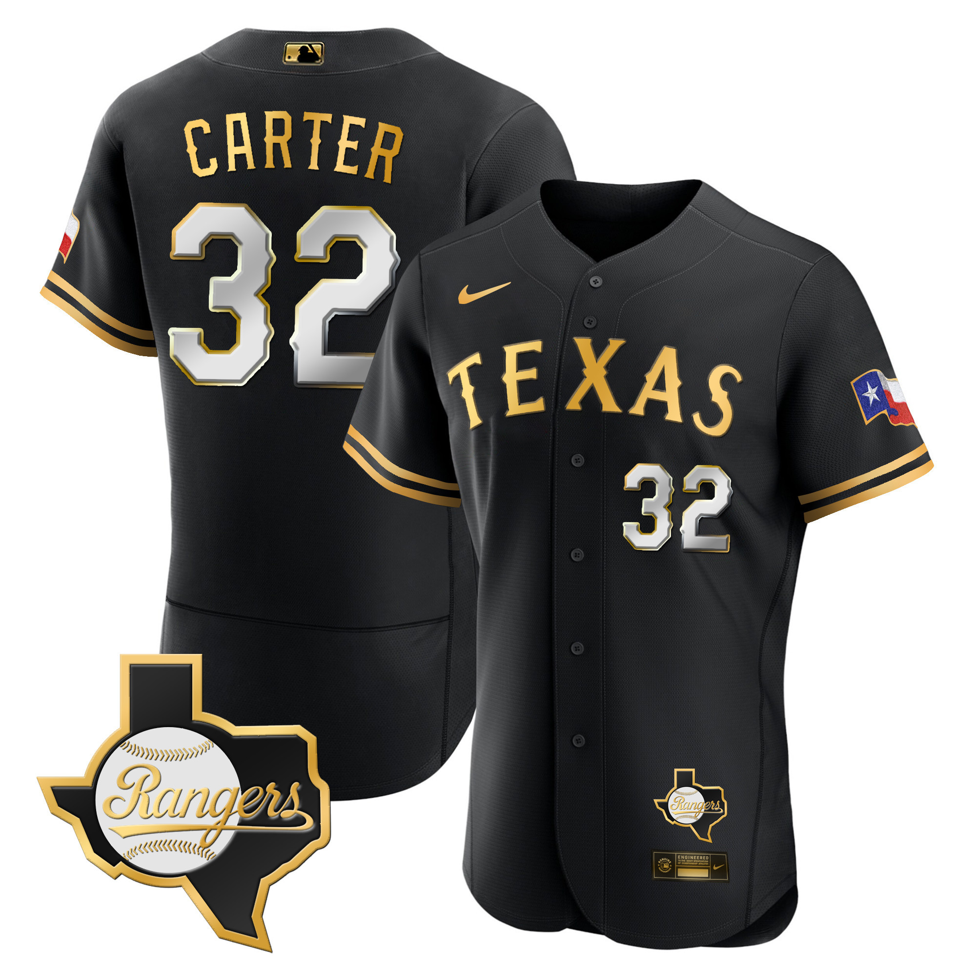 Evan Carter Men's Texas Rangers 2023 Flex Base - Texas Patch Black Gold Jersey - All Stitched
