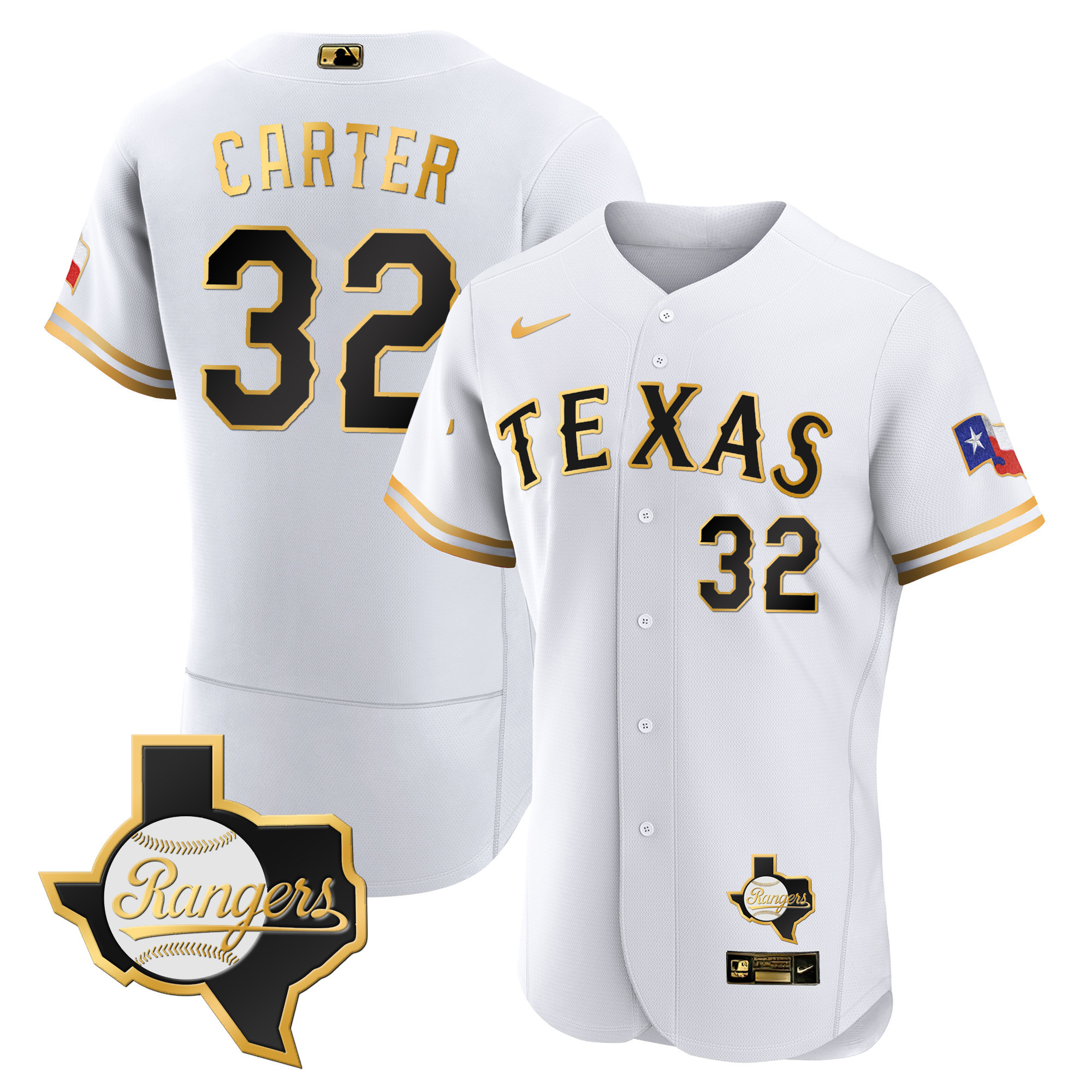 Evan Carter Men's Texas Rangers 2023 Flex Base - Texas Patch White Gold Jersey - All Stitched