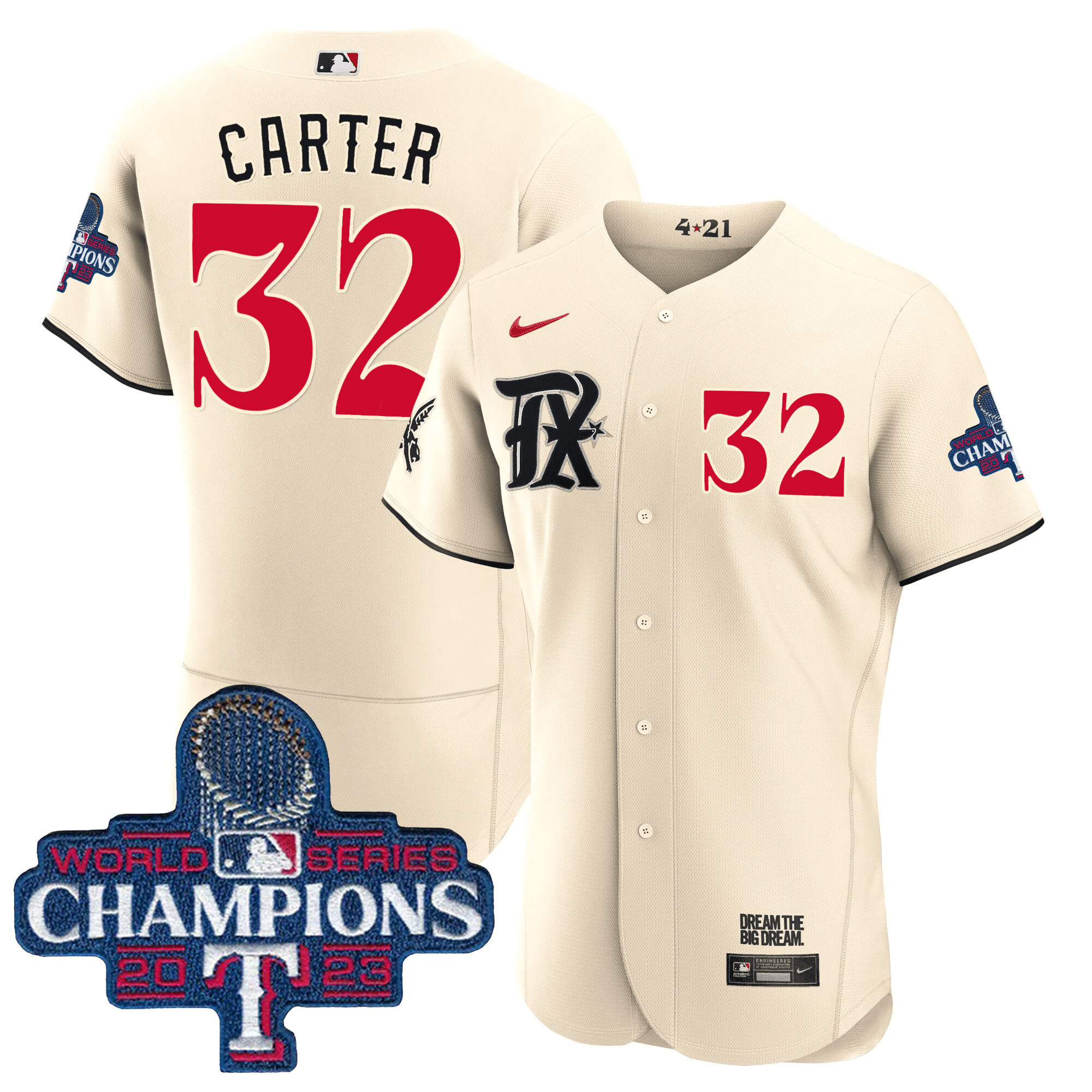 Evan Carter Men's Texas Rangers 2023 World Series Champions City Connect Flex Base Cream Jersey - All Stitched