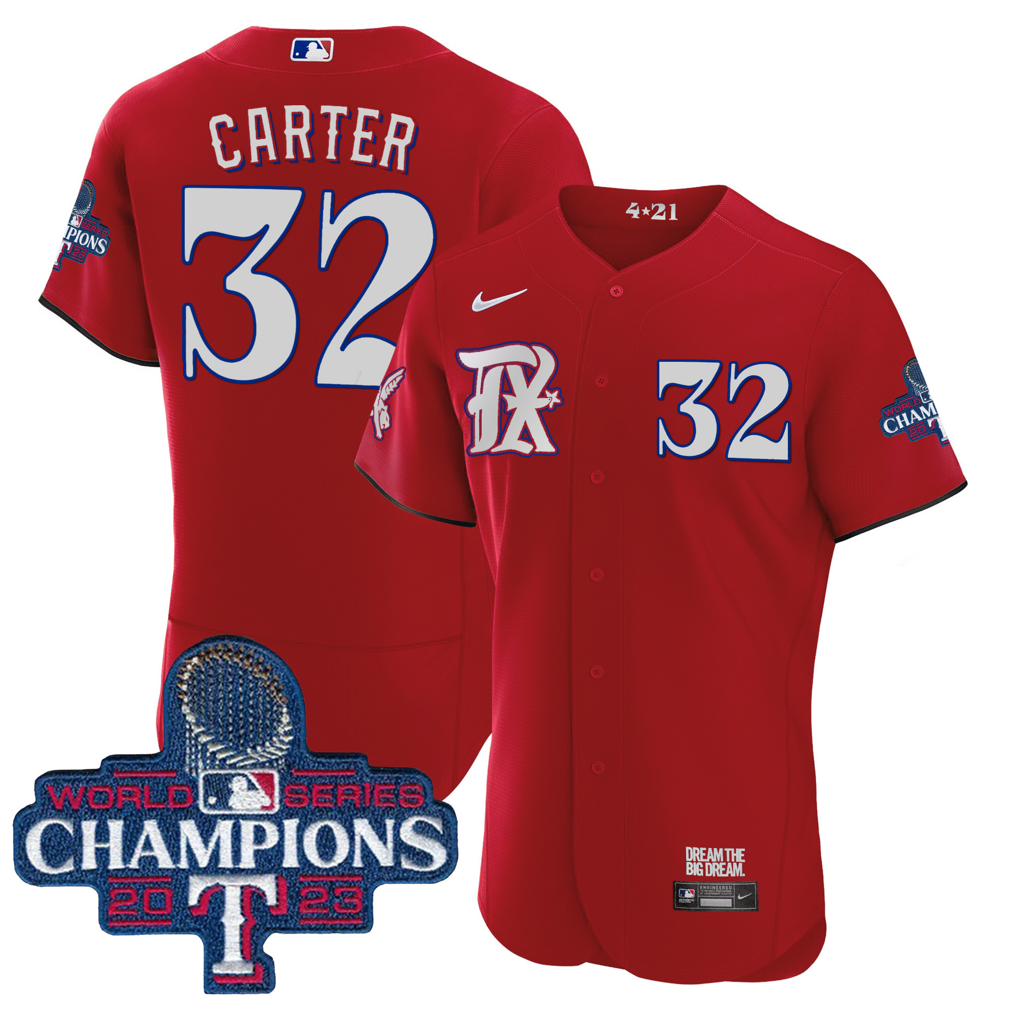 Evan Carter Men's Texas Rangers 2023 World Series Champions City Connect Flex Base Red Jersey - All Stitched