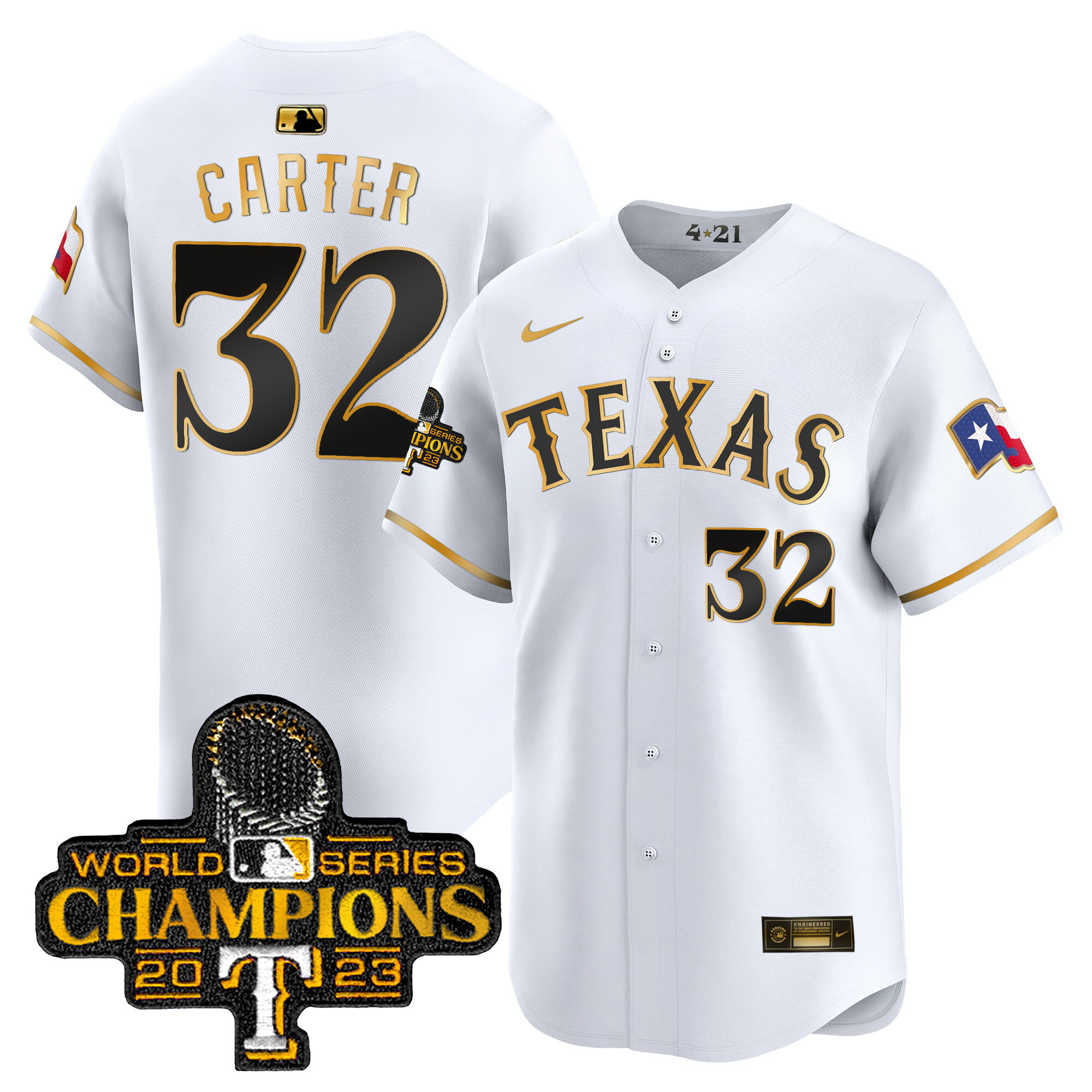 Evan Carter Men's Texas Rangers 2023 World Series Champions City Connect Vapor Premier Limited White Gold Jersey - All Stitched