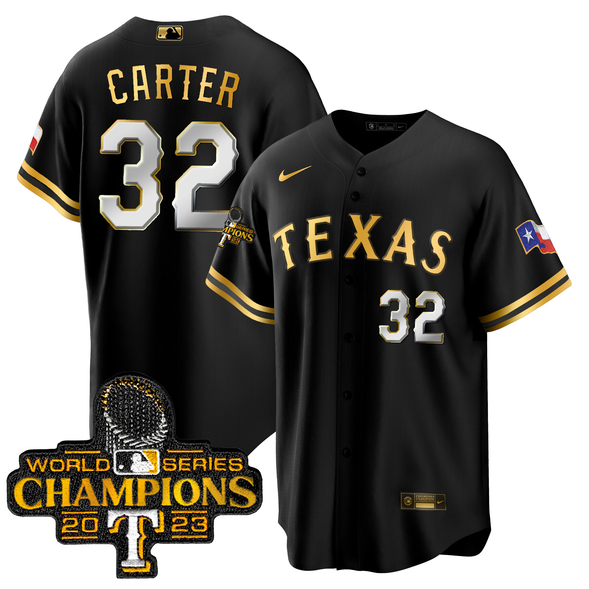 Evan Carter Men's Texas Rangers 2023 World Series Champions Cool Base Black Gold Jersey - All Stitched