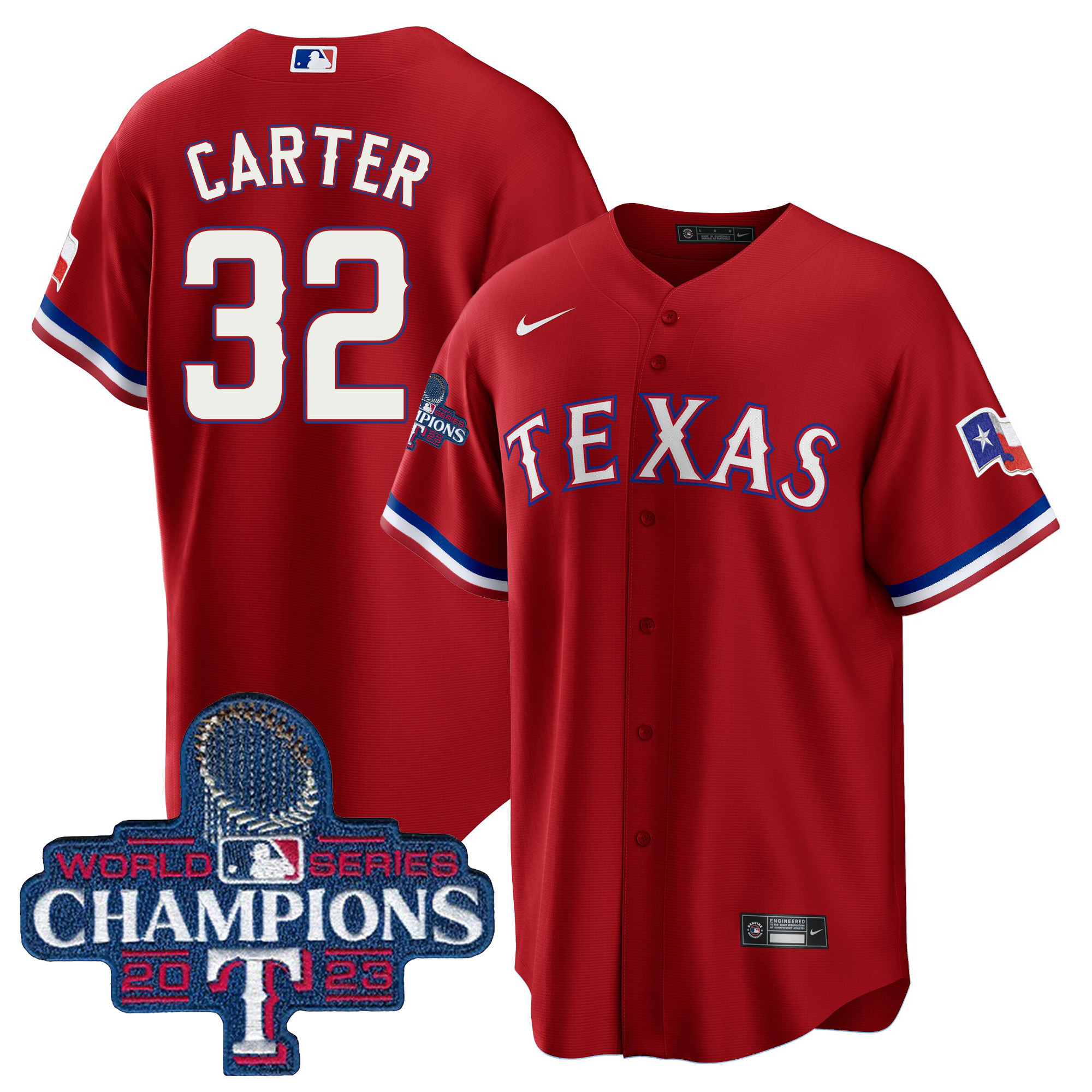 Evan Carter Men's Texas Rangers 2023 World Series Champions Cool Base Red Jersey - All Stitched