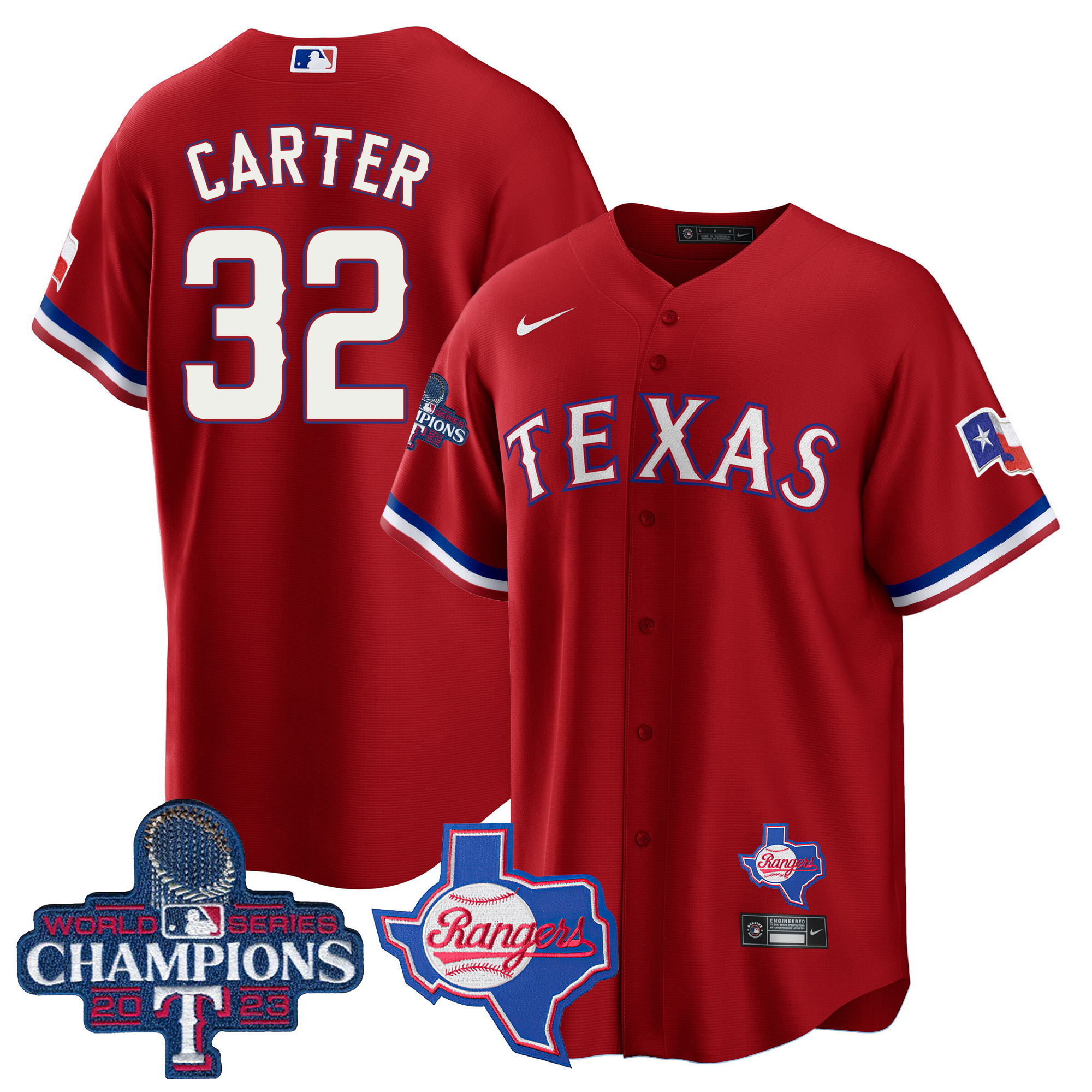 Evan Carter Men's Texas Rangers 2023 World Series Champions Cool Base V2 Red Jersey - All Stitched