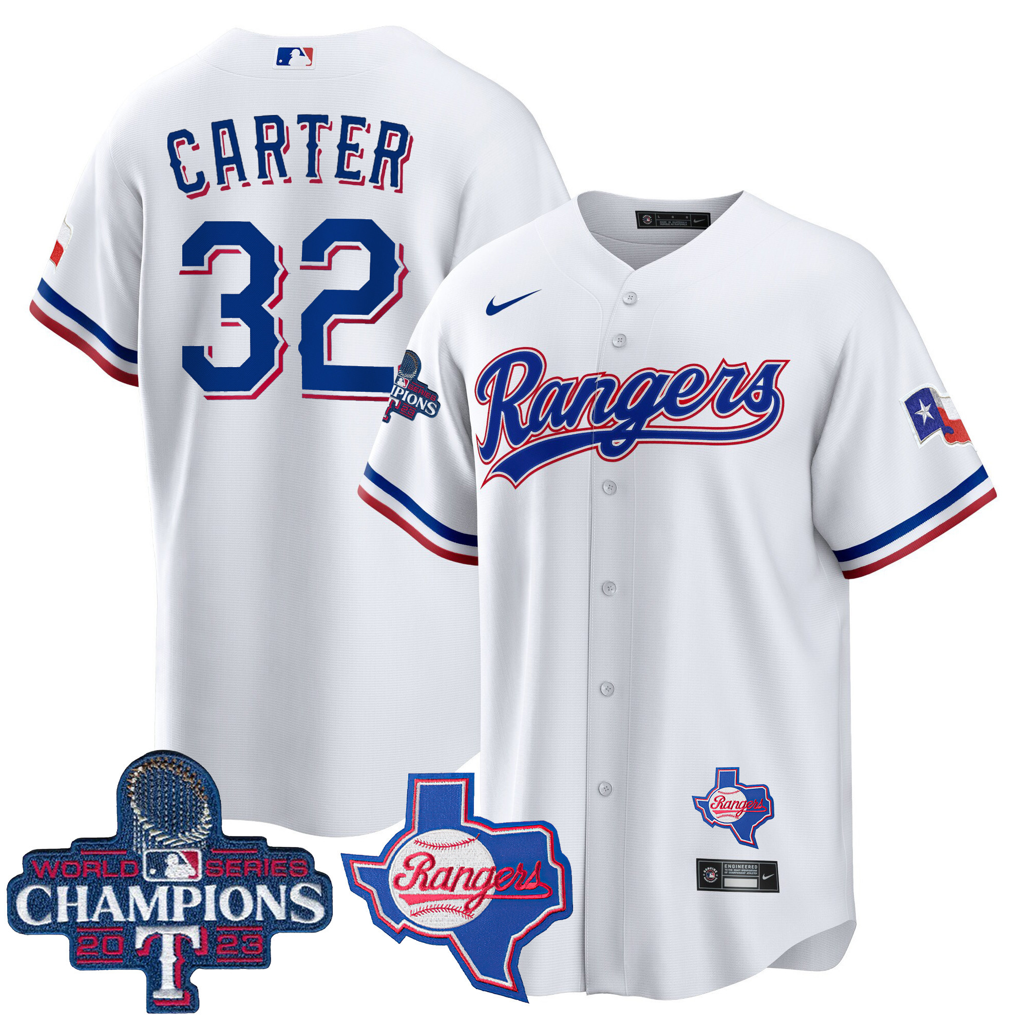 Evan Carter Men's Texas Rangers 2023 World Series Champions Cool Base V2 White Jersey - All Stitched