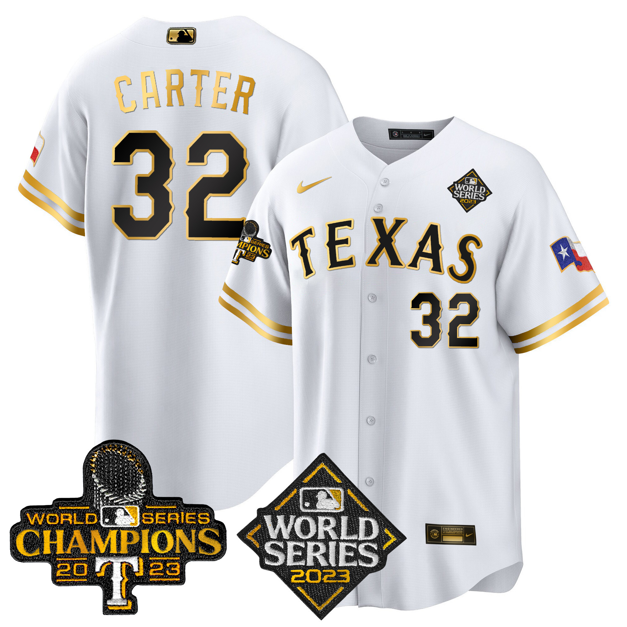 Evan Carter Men's Texas Rangers 2023 World Series Champions Cool Base V4 White Gold Jersey - All Stitched