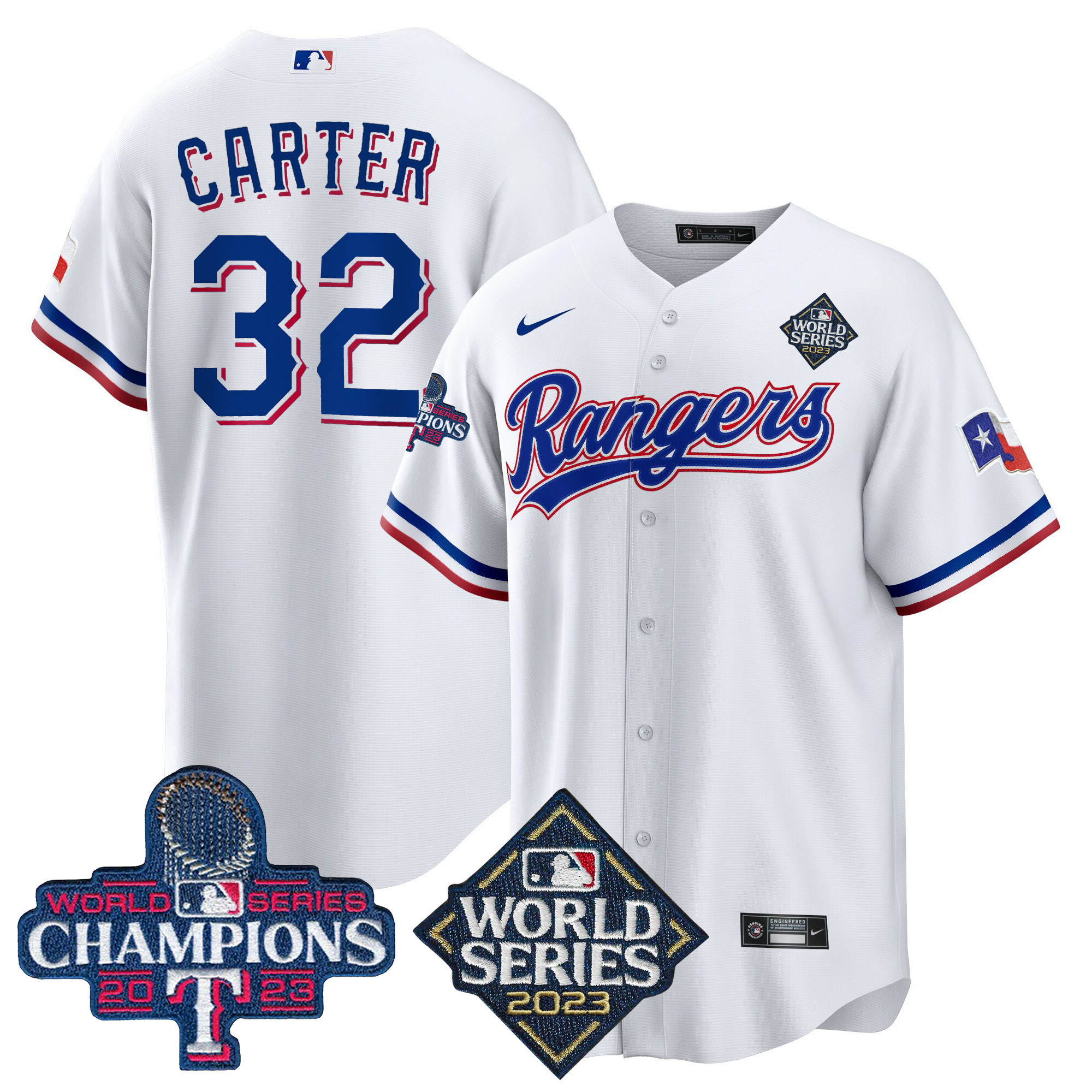Evan Carter Men's Texas Rangers 2023 World Series Champions Cool Base V4 White Jersey - All Stitched
