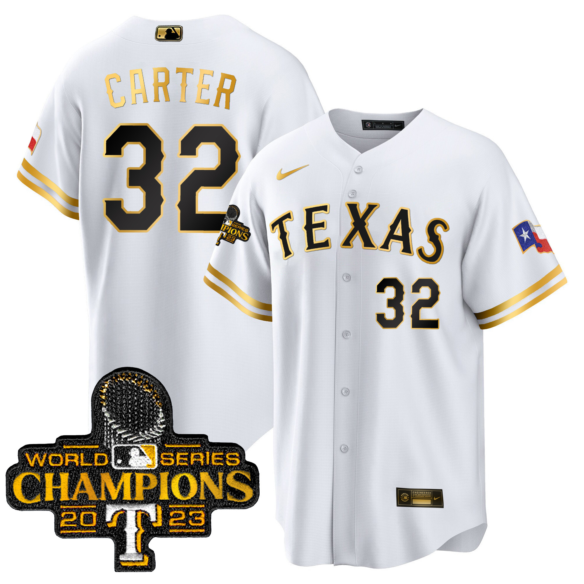 Evan Carter Men's Texas Rangers 2023 World Series Champions Cool Base White Gold Jersey - All Stitched