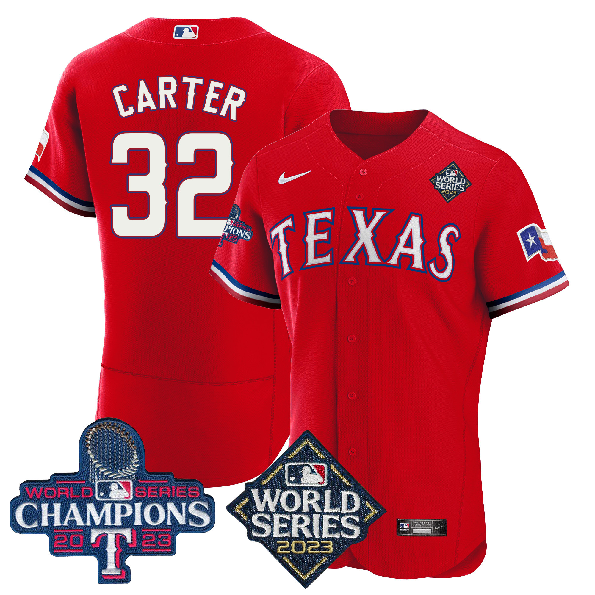 Evan Carter Men's Texas Rangers 2023 World Series Champions Flex Base V4 Red Jersey - All Stitched