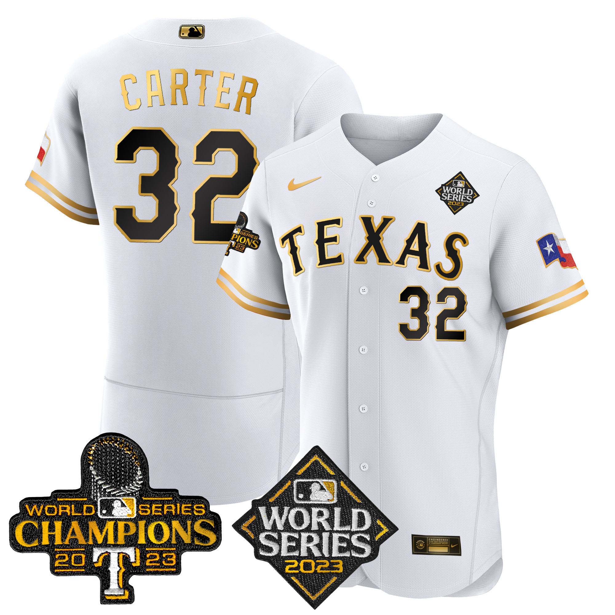 Evan Carter Men's Texas Rangers 2023 World Series Champions Flex Base V4 White Gold Jersey - All Stitched