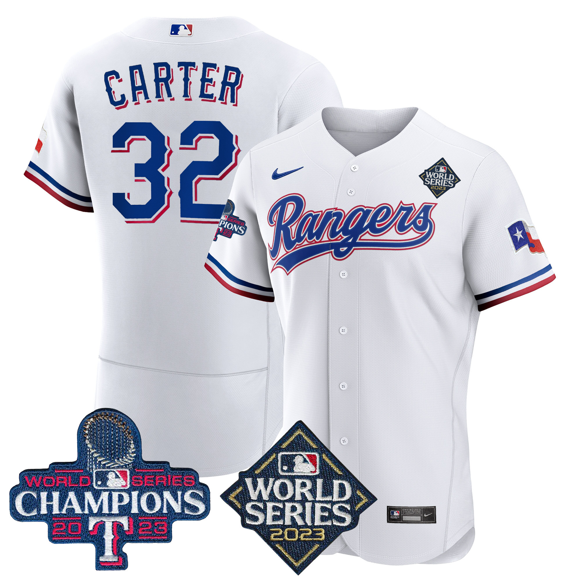 Evan Carter Men's Texas Rangers 2023 World Series Champions Flex Base V4 White Jersey - All Stitched