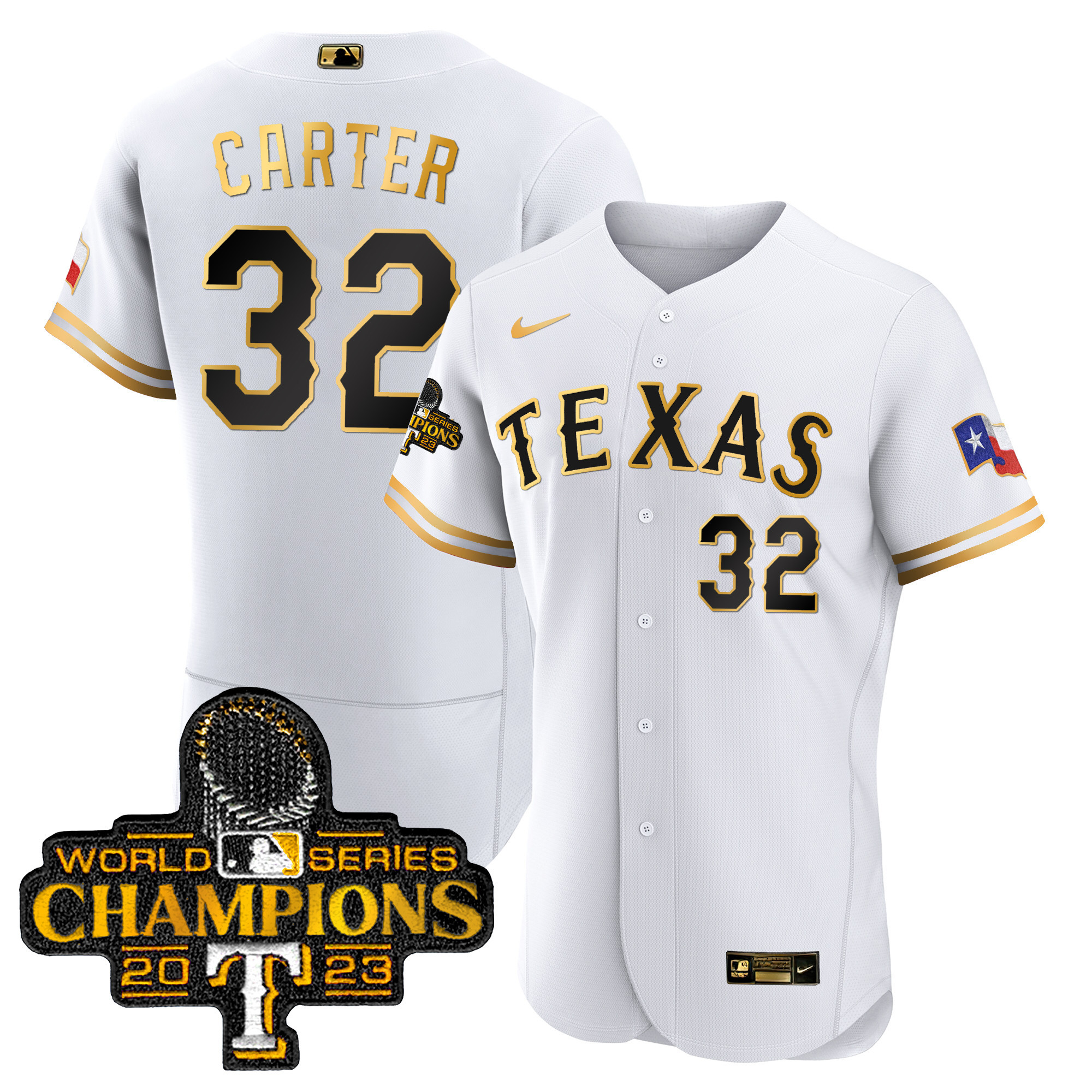 Evan Carter Men's Texas Rangers 2023 World Series Champions Flex Base White Gold Jersey - All Stitched