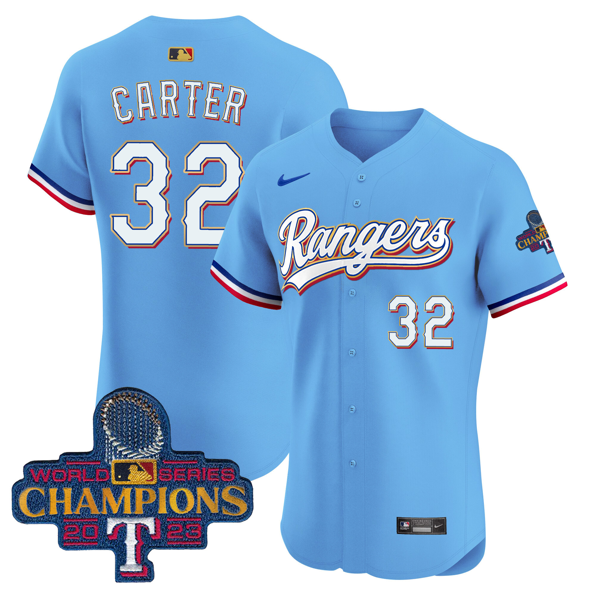 Evan Carter Men's Texas Rangers 2023 World Series Champions Gold Trim Vapor Premier Elite Blue Jersey - All Stitched