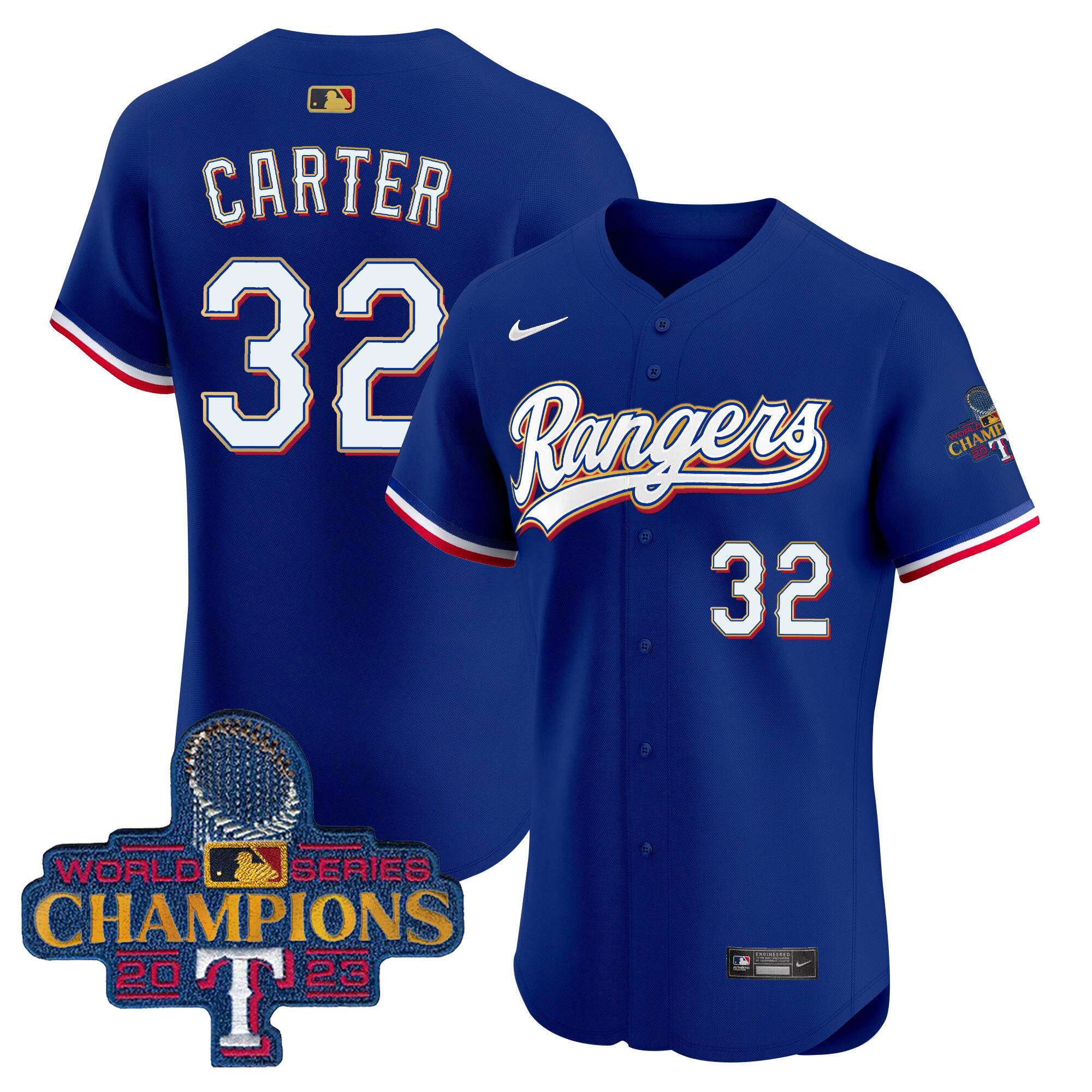 Evan Carter Men's Texas Rangers 2023 World Series Champions Gold Trim Vapor Premier Elite Royal Jersey - All Stitched