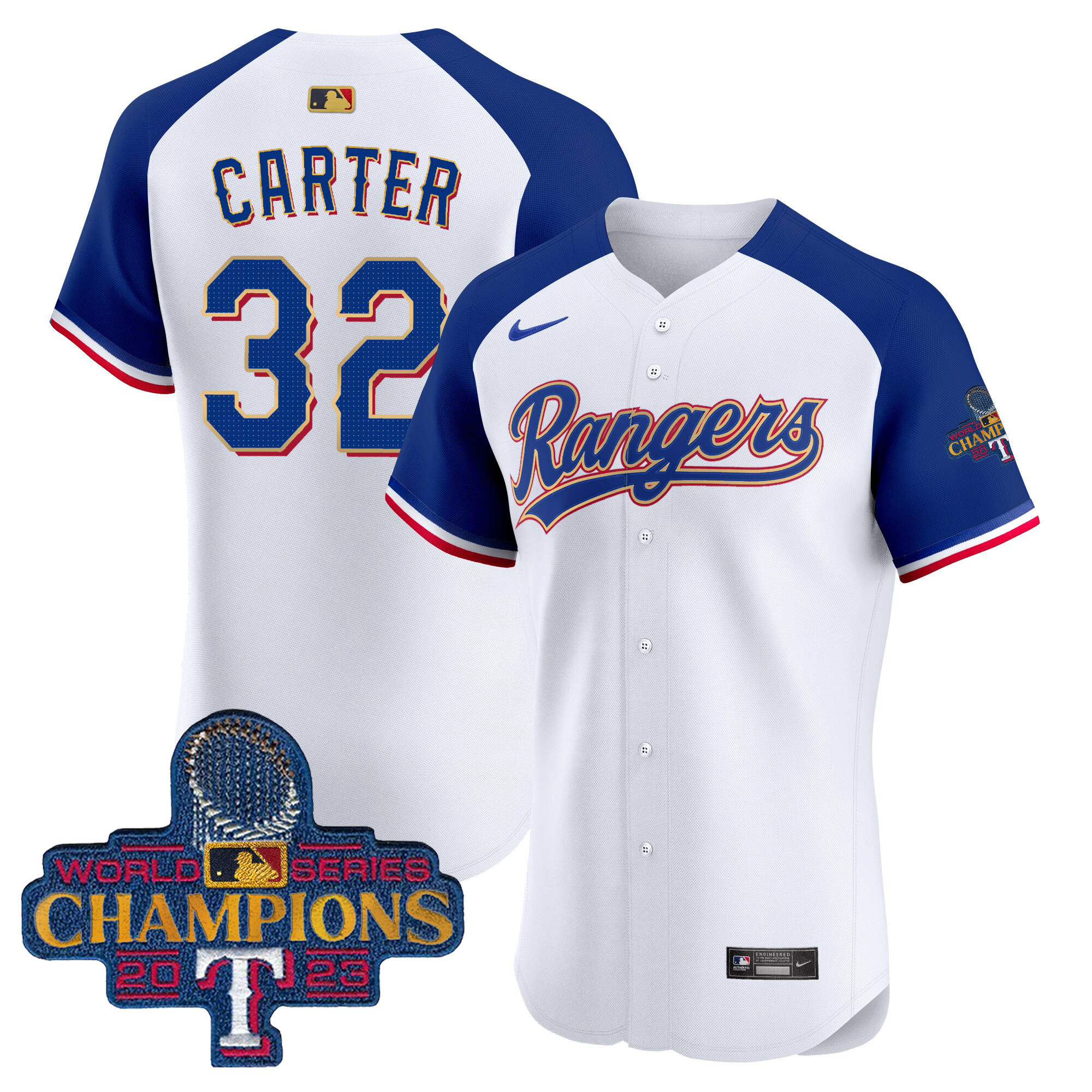 Evan Carter Men's Texas Rangers 2023 World Series Champions Gold Trim Vapor Premier Elite White Alternate Jersey - All Stitched