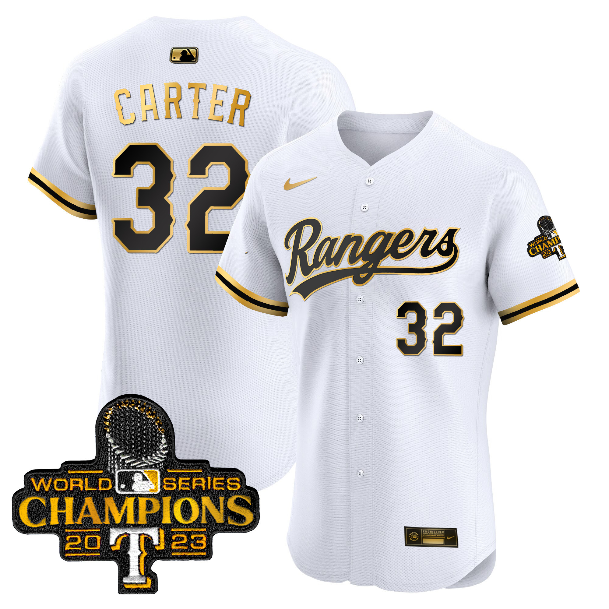 Evan Carter Men's Texas Rangers 2023 World Series Champions Gold Trim Vapor Premier Elite White Gold Jersey - All Stitched