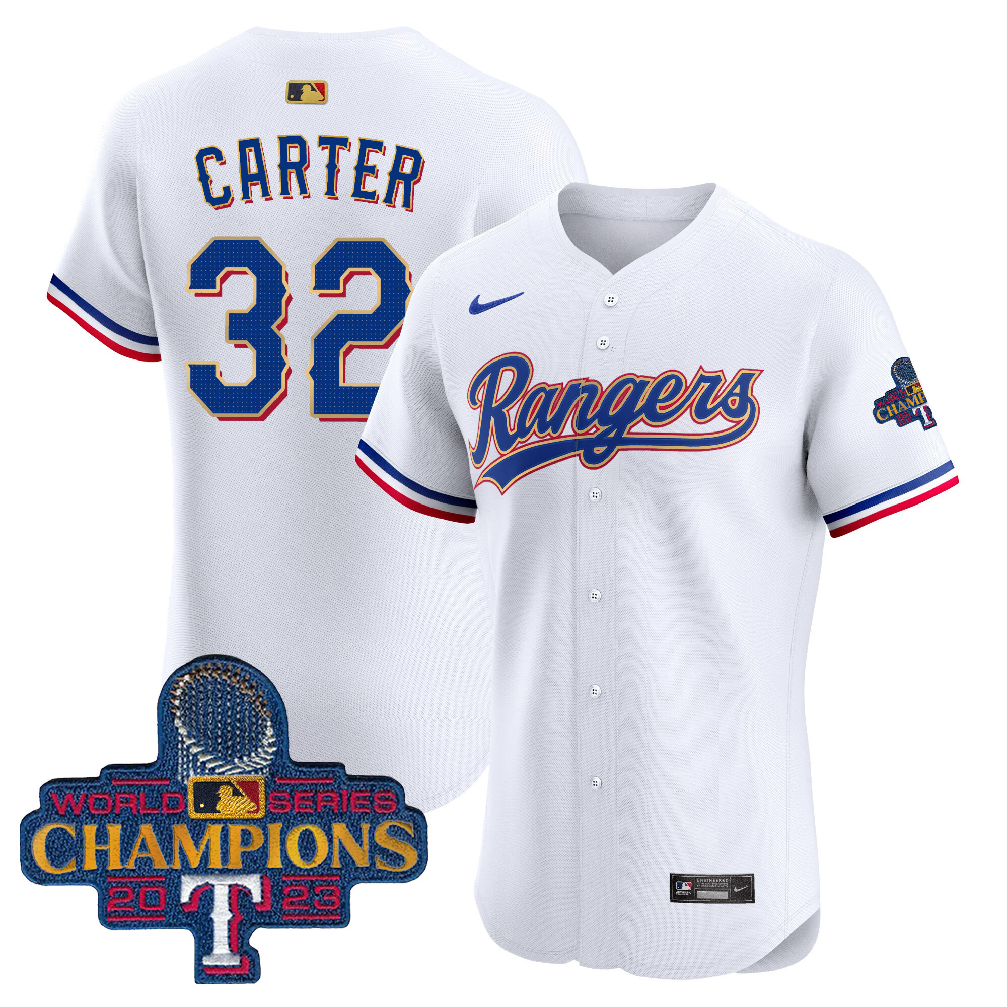 Evan Carter Men's Texas Rangers 2023 World Series Champions Gold Trim Vapor Premier Elite White Jersey - All Stitched - Image 1