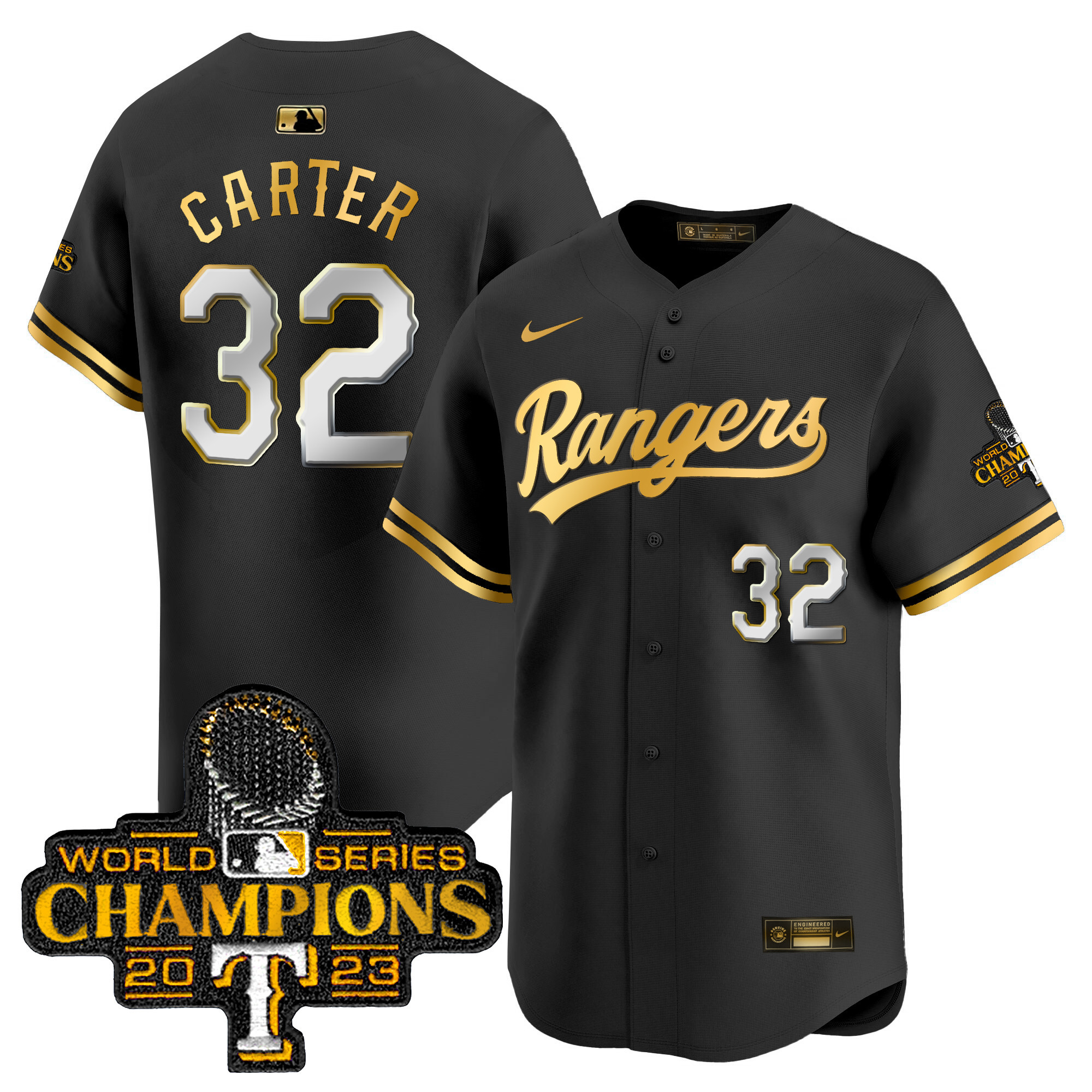 Evan Carter Men's Texas Rangers 2023 World Series Champions Gold Trim Vapor Premier Limited Black Gold Jersey - All Stitched