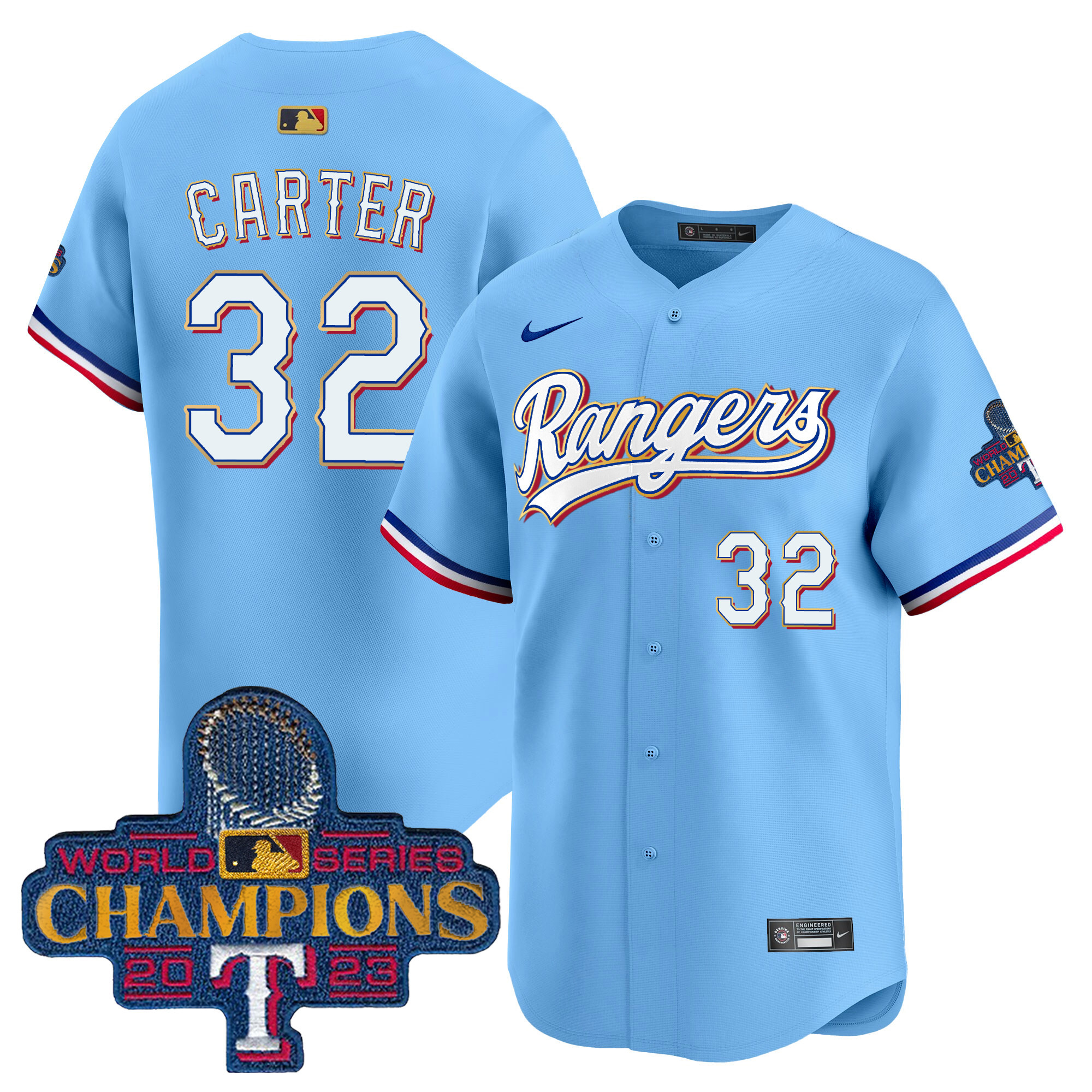 Evan Carter Men's Texas Rangers 2023 World Series Champions Gold Trim Vapor Premier Limited Blue Jersey - All Stitched