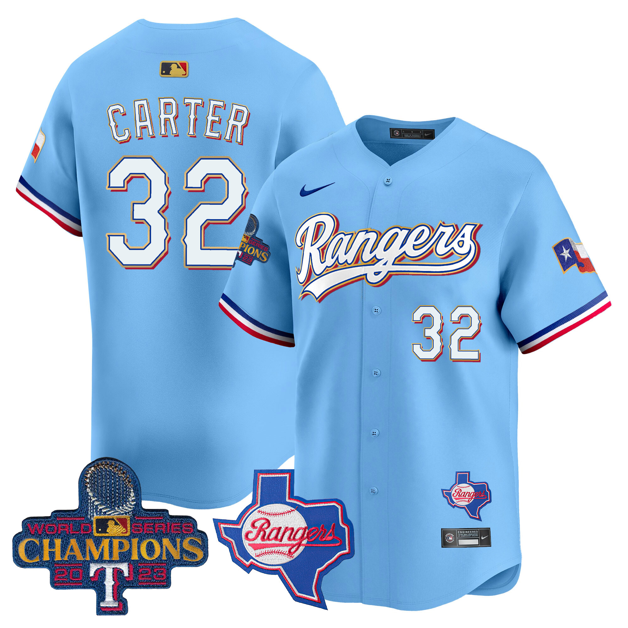 Evan Carter Men's Texas Rangers 2023 World Series Champions Gold Trim Vapor Premier Limited V2 Blue Jersey - All Stitched