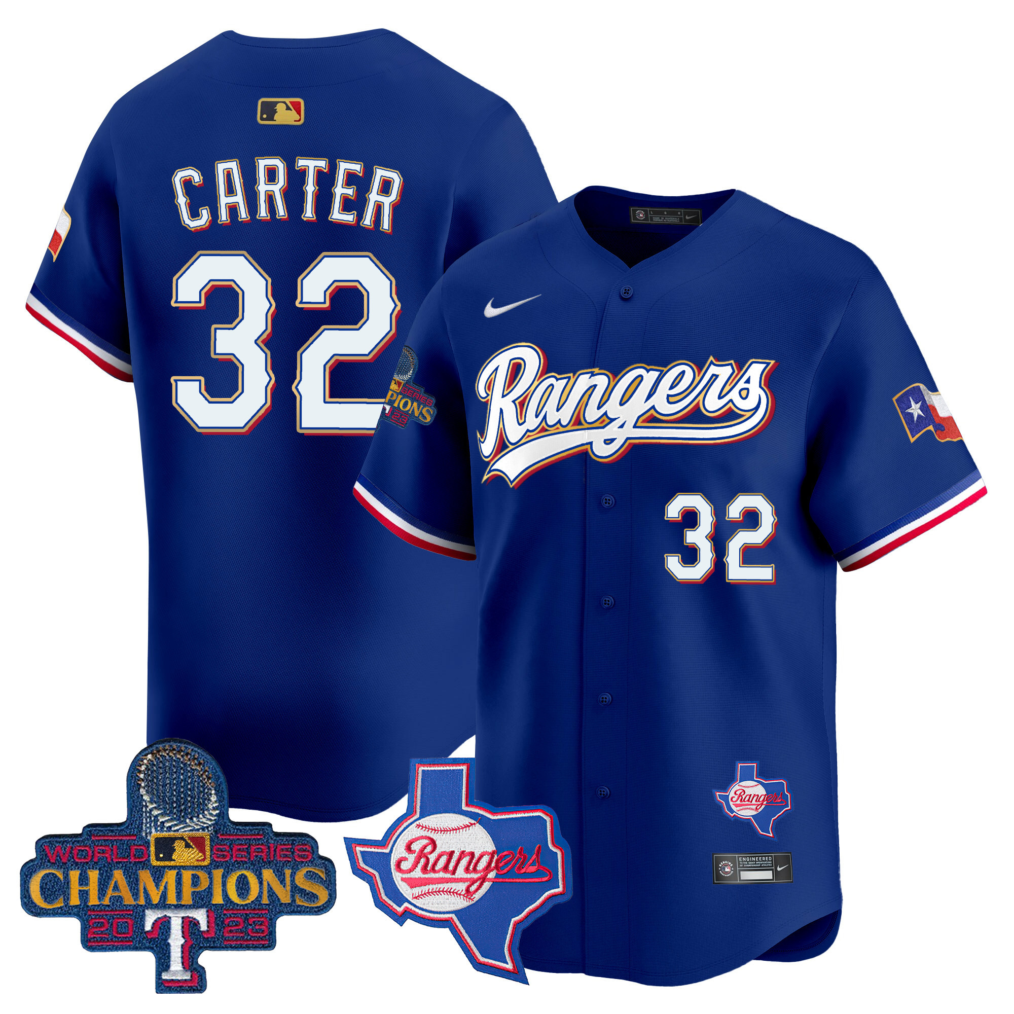Evan Carter Men's Texas Rangers 2023 World Series Champions Gold Trim Vapor Premier Limited V2 Royal Jersey - All Stitched