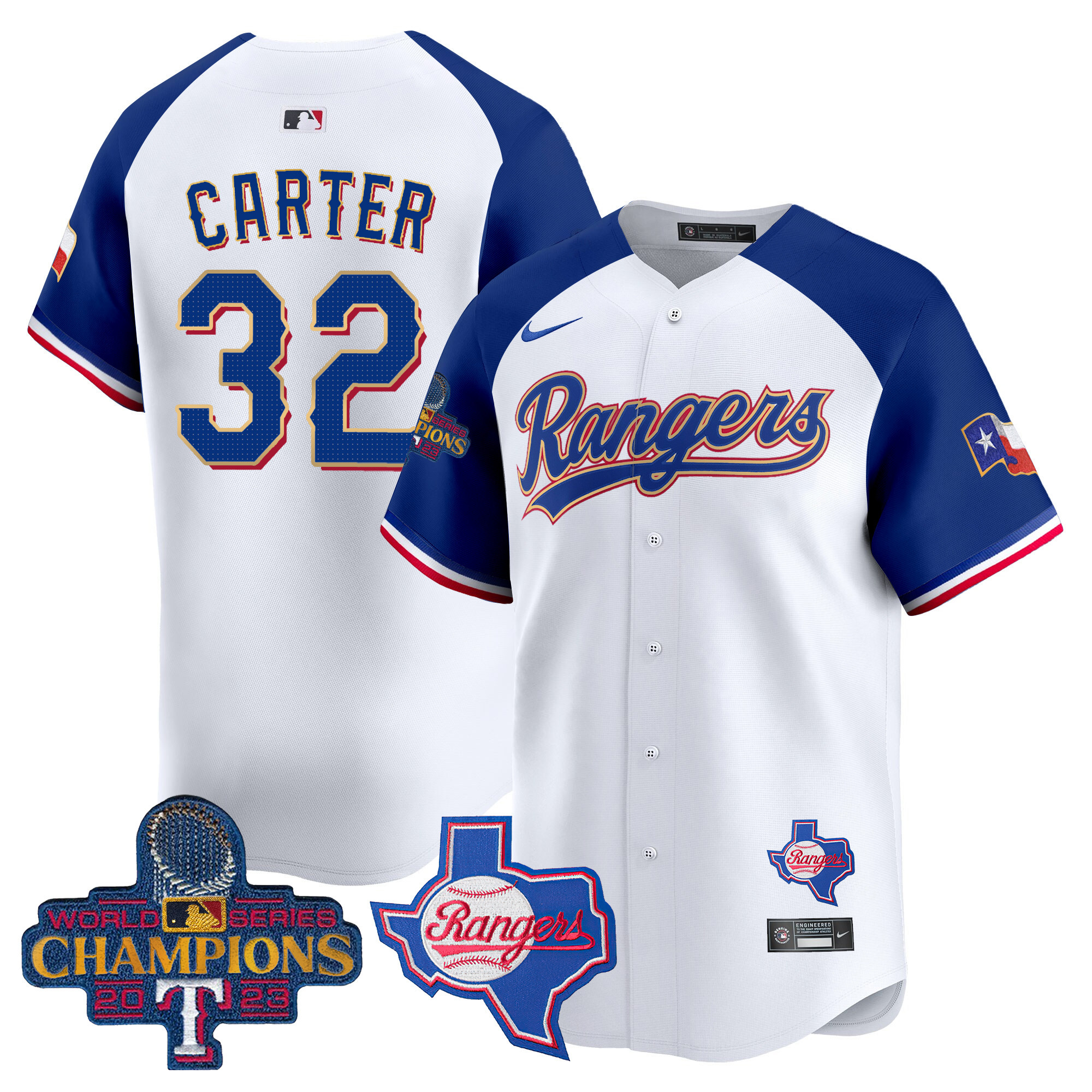 Evan Carter Men's Texas Rangers 2023 World Series Champions Gold Trim Vapor Premier Limited V2 White Alternate Jersey - All Stitched