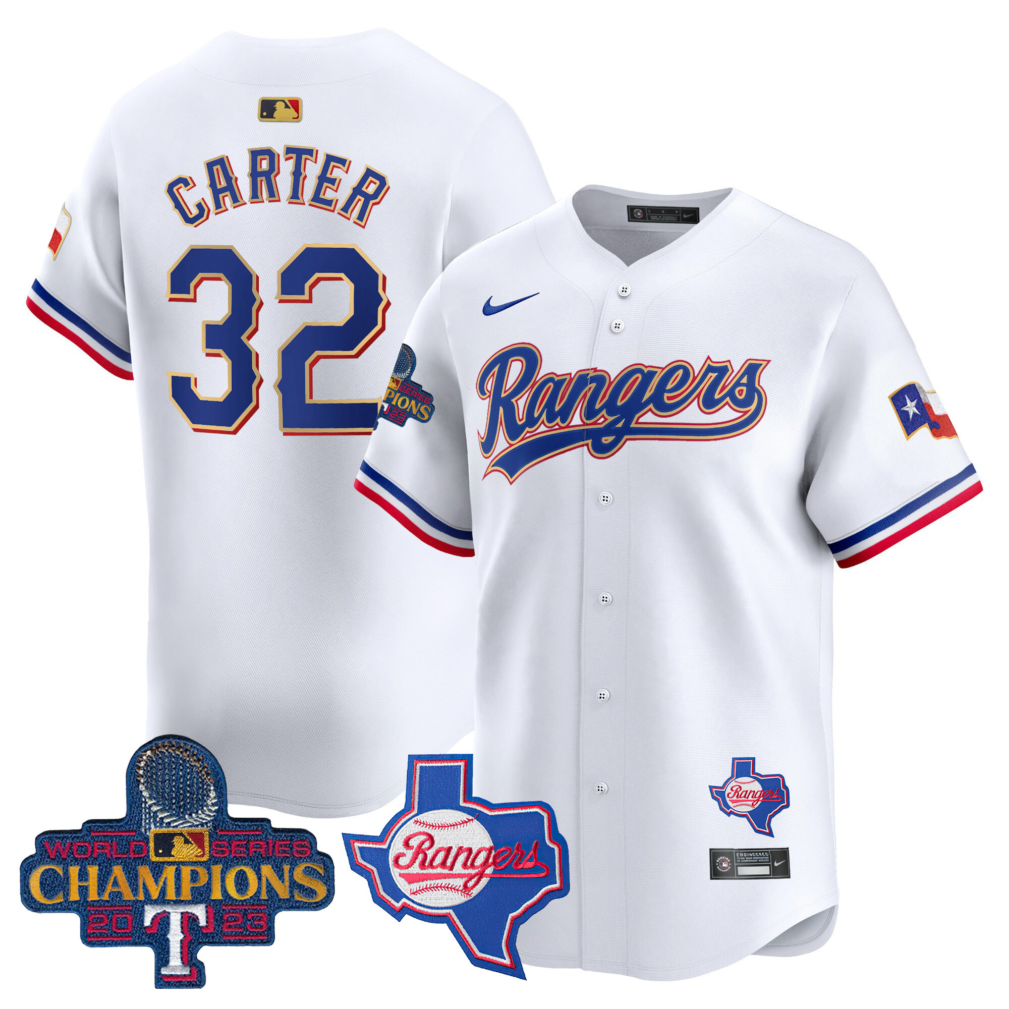 Evan Carter Men's Texas Rangers 2023 World Series Champions Gold Trim Vapor Premier Limited V2 White Jersey - All Stitched
