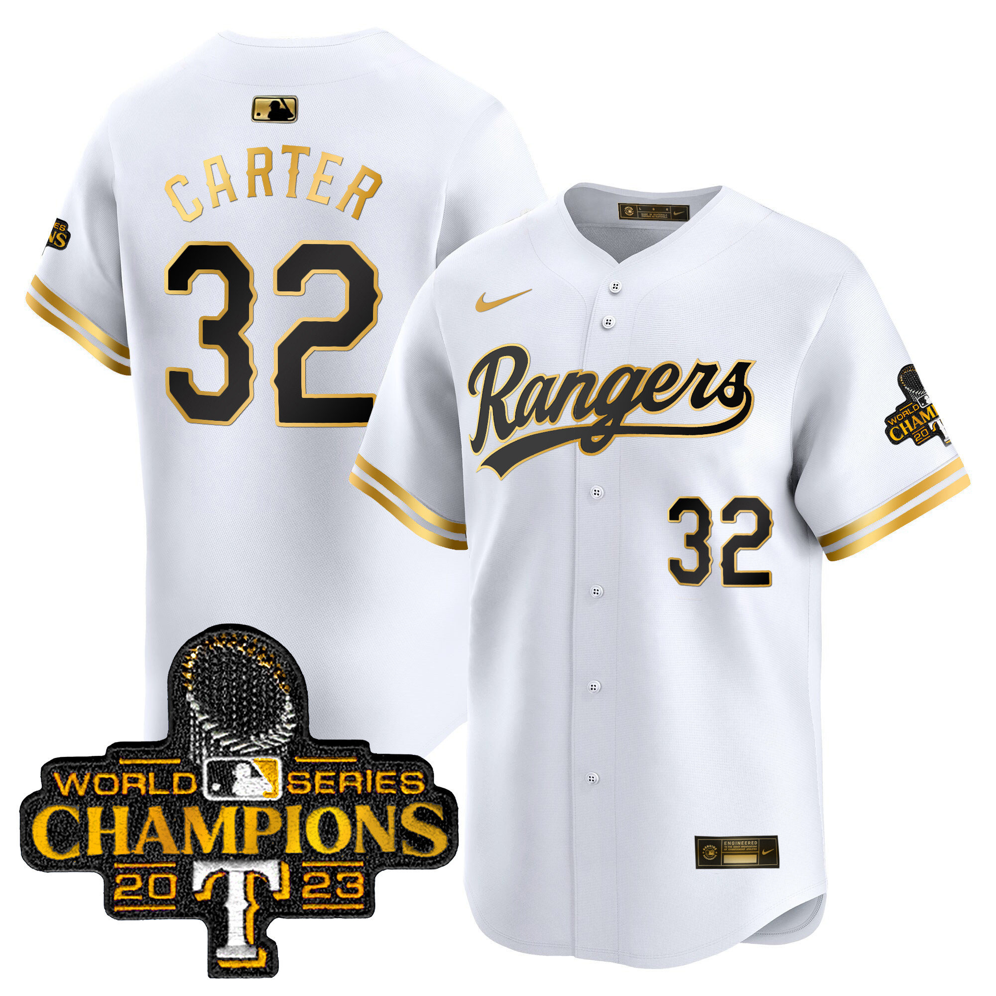 Evan Carter Men's Texas Rangers 2023 World Series Champions Gold Trim Vapor Premier Limited White Gold Jersey - All Stitched