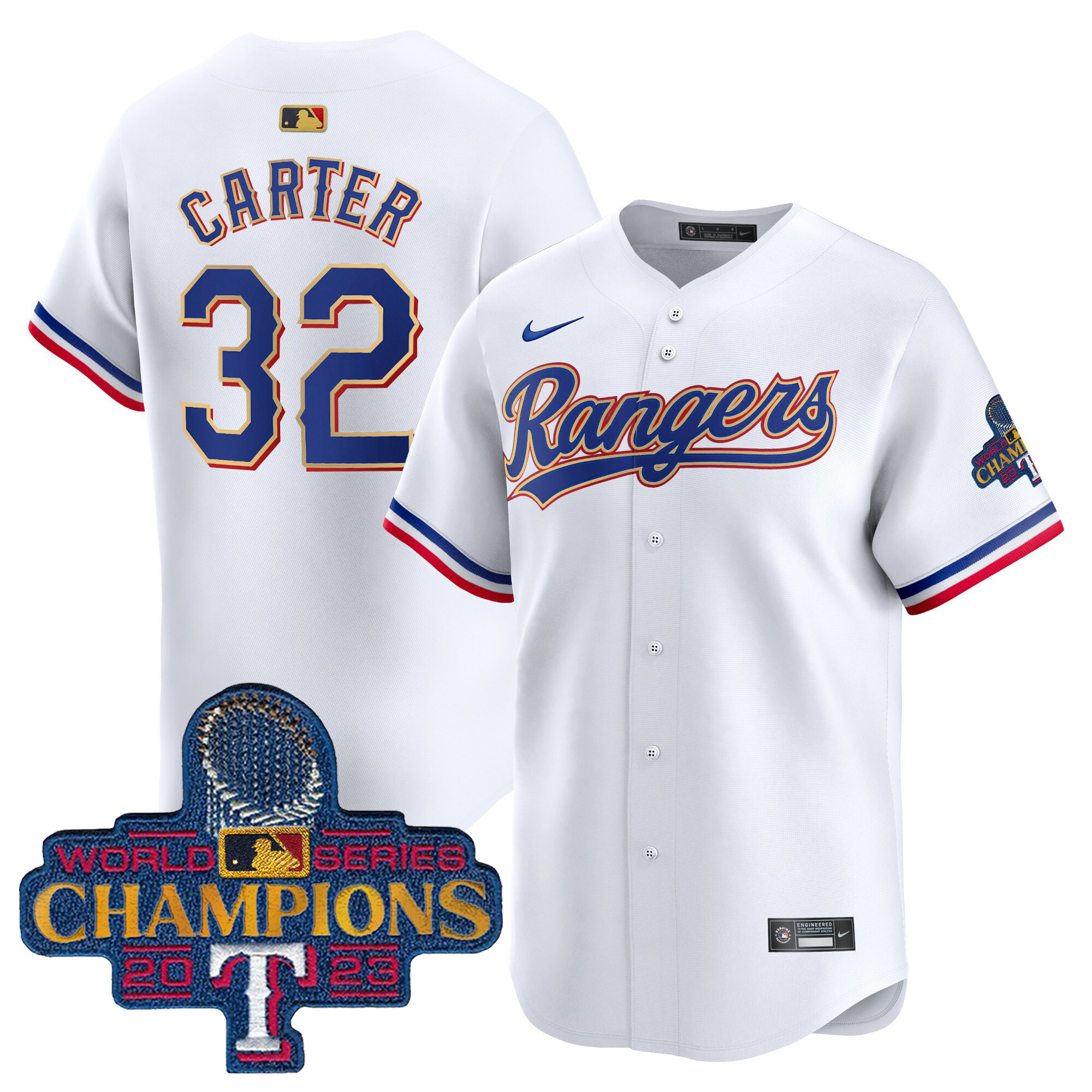 Evan Carter Men's Texas Rangers 2023 World Series Champions Gold Trim Vapor Premier Limited White Jersey - All Stitched