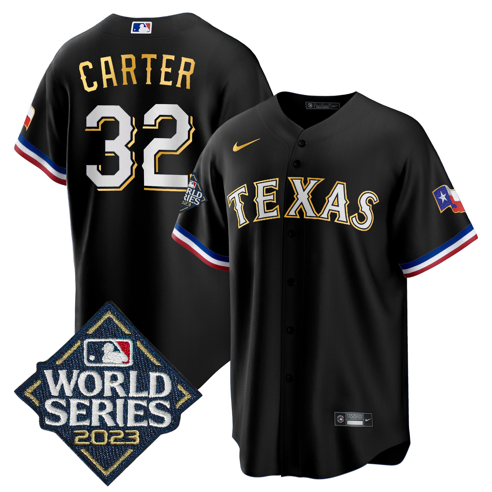 Evan Carter Men's Texas Rangers 2023 World Series Cool Base Gold Trim Black Jersey - All Stitched