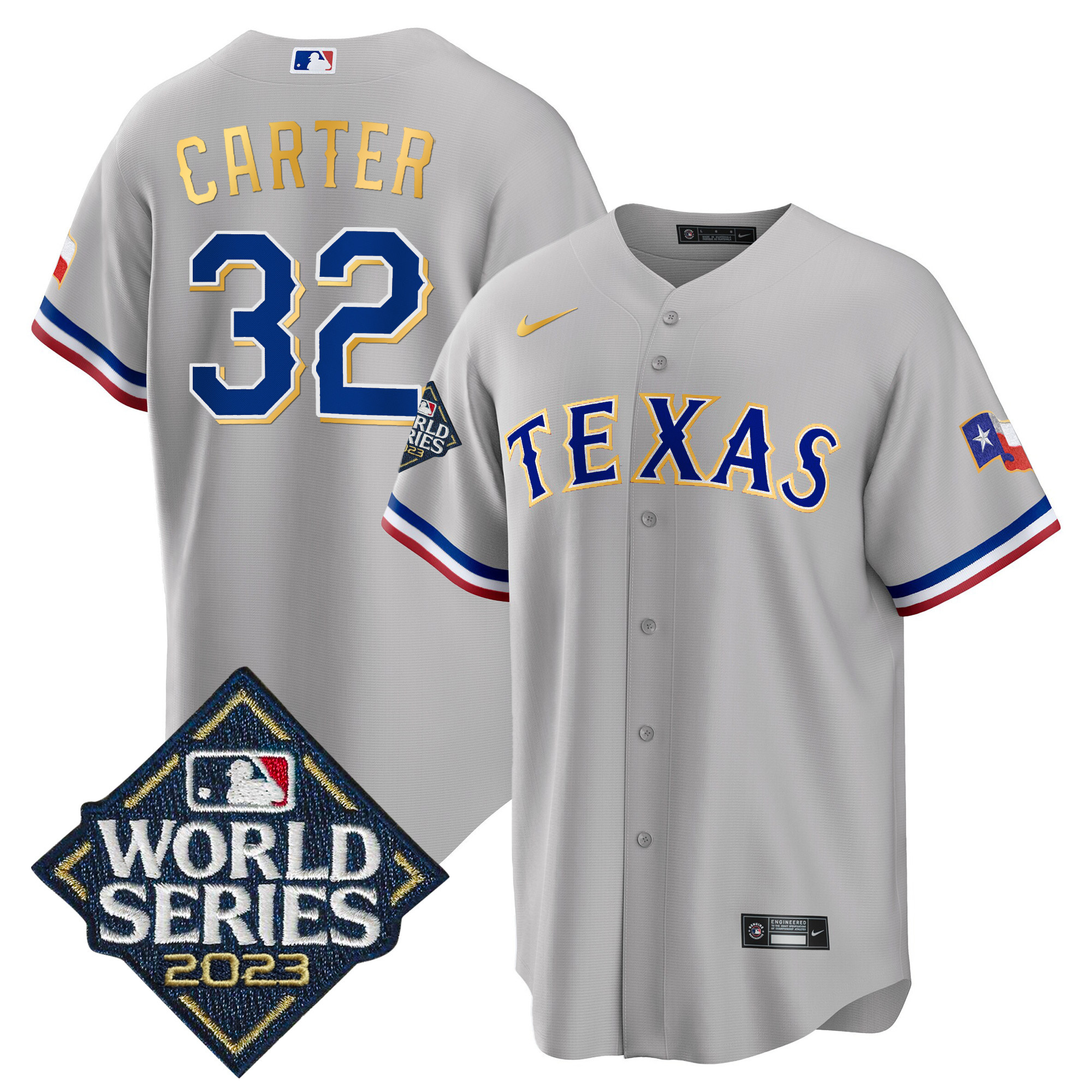 Evan Carter Men's Texas Rangers 2023 World Series Cool Base Gold Trim Gray Jersey - All Stitched