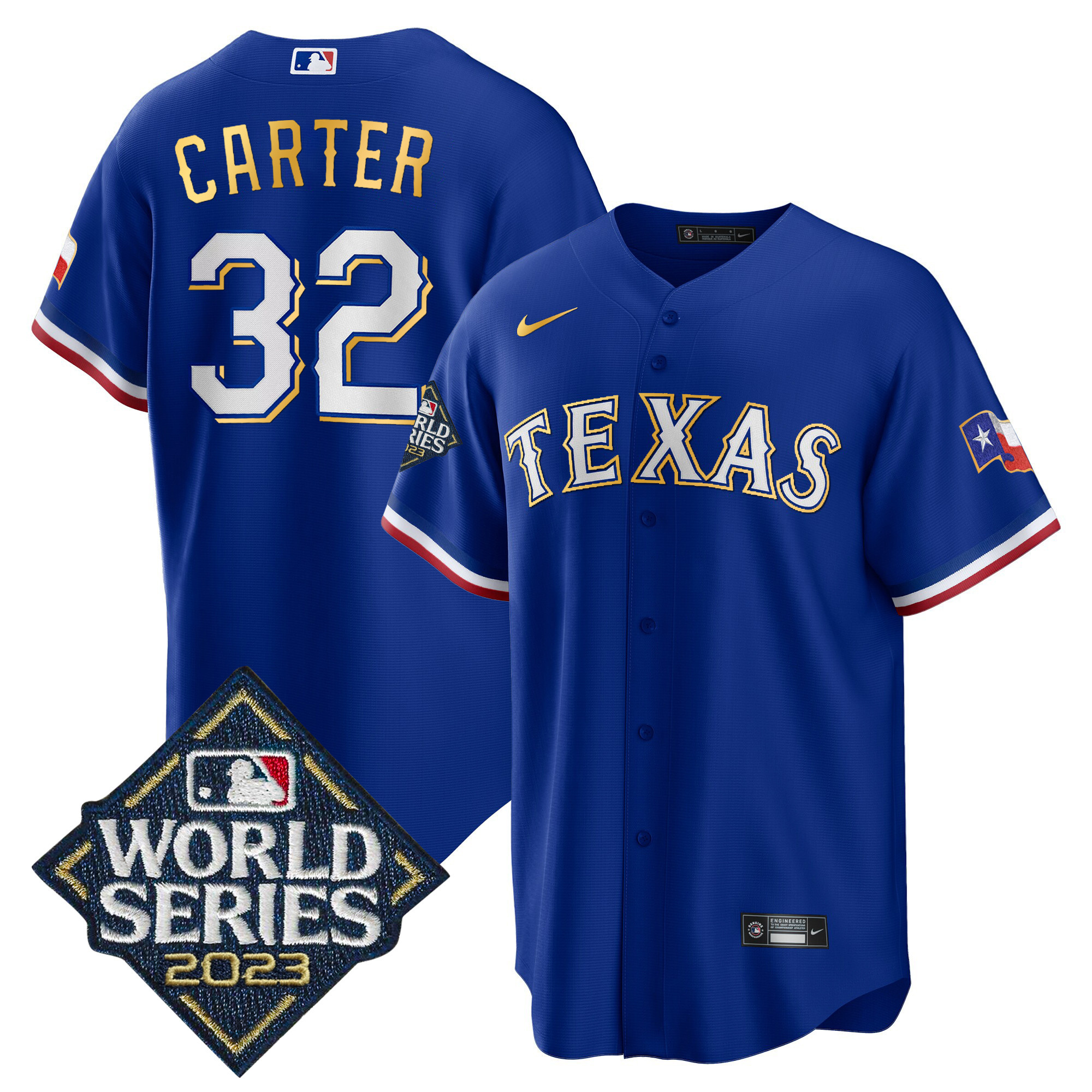 Evan Carter Men's Texas Rangers 2023 World Series Cool Base Gold Trim Royal Jersey - All Stitched