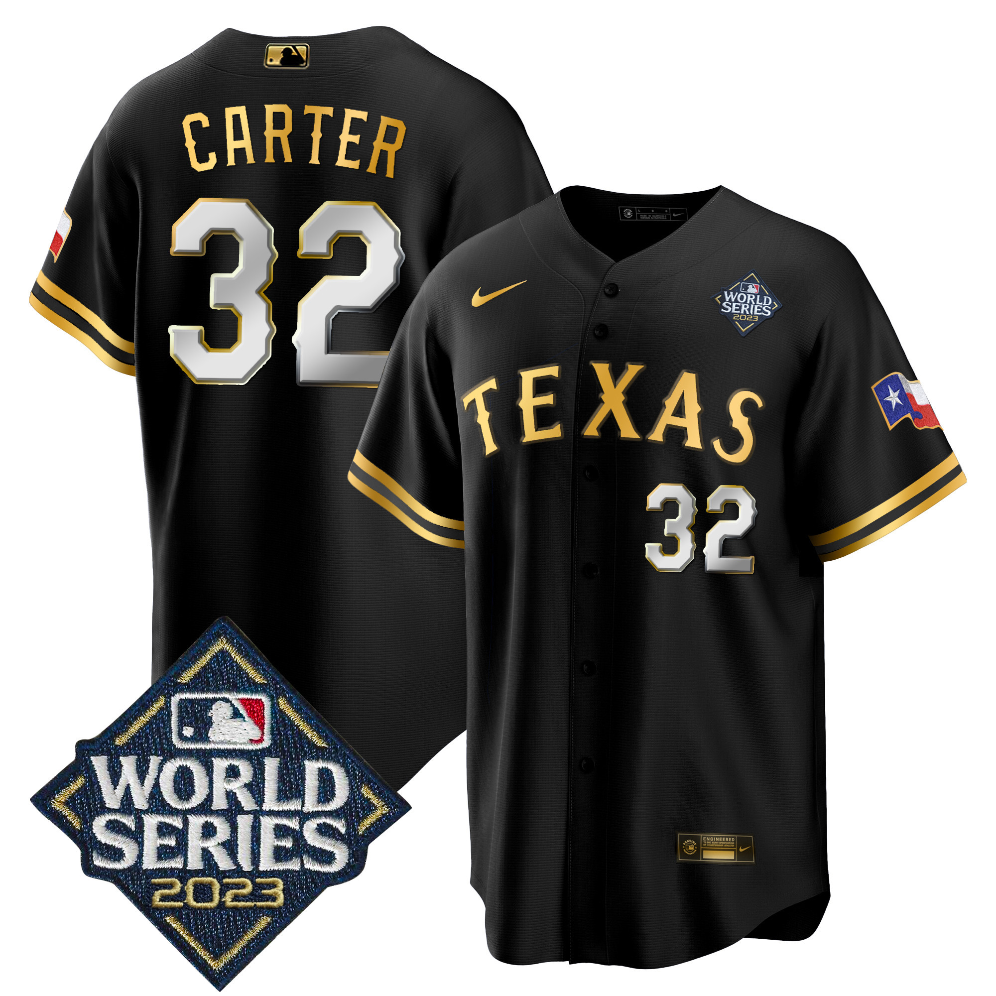 Evan Carter Men's Texas Rangers 2023 World Series Cool Base V2 Black Gold Jersey - All Stitched