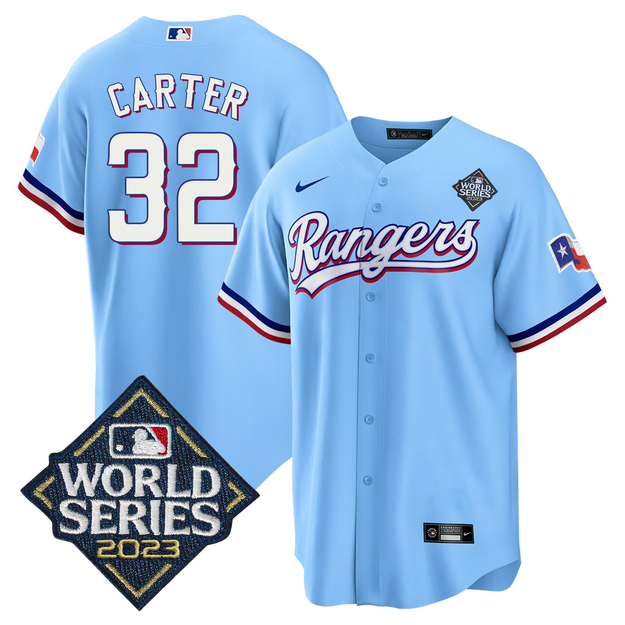 Evan Carter Men's Texas Rangers 2023 World Series Cool Base V2 Blue Jersey - All Stitched