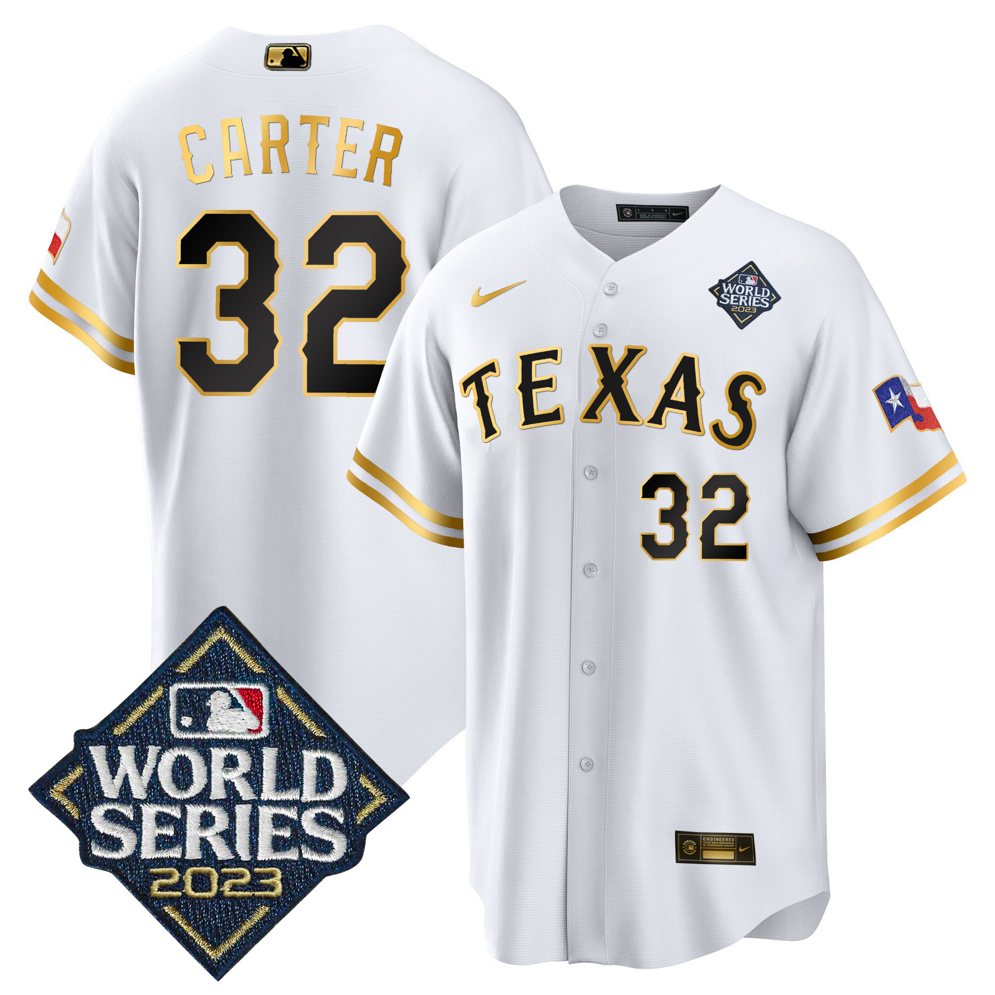 Evan Carter Men's Texas Rangers 2023 World Series Cool Base V2 White Gold Jersey - All Stitched