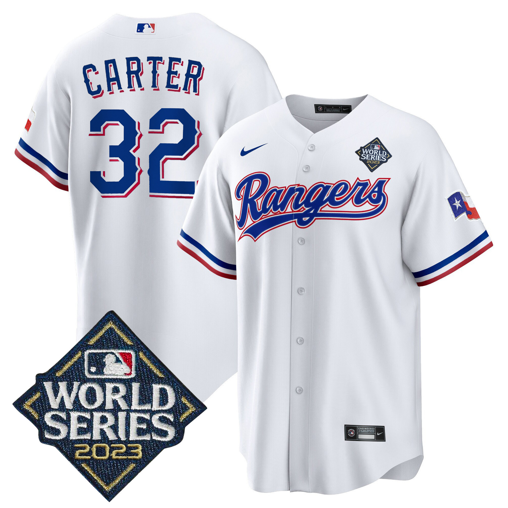 Evan Carter Men's Texas Rangers 2023 World Series Cool Base V2 White Jersey - All Stitched