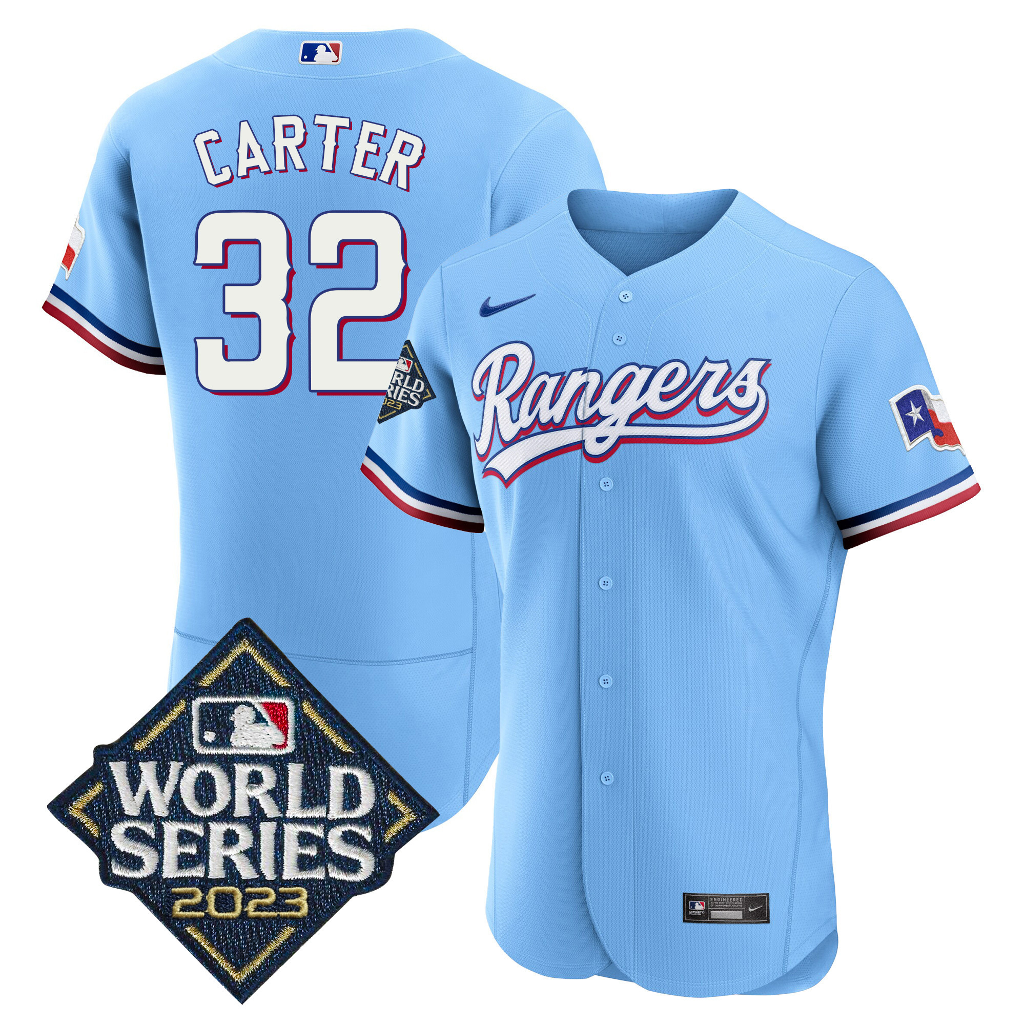 Evan Carter Men's Texas Rangers 2023 World Series Flex Base Blue Jersey - All Stitched