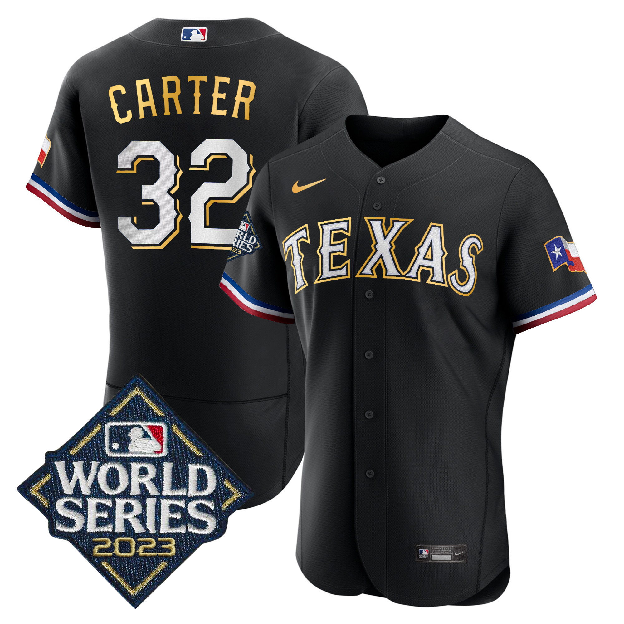 Evan Carter Men's Texas Rangers 2023 World Series Flex Base Gold Trim Black Jersey - All Stitched
